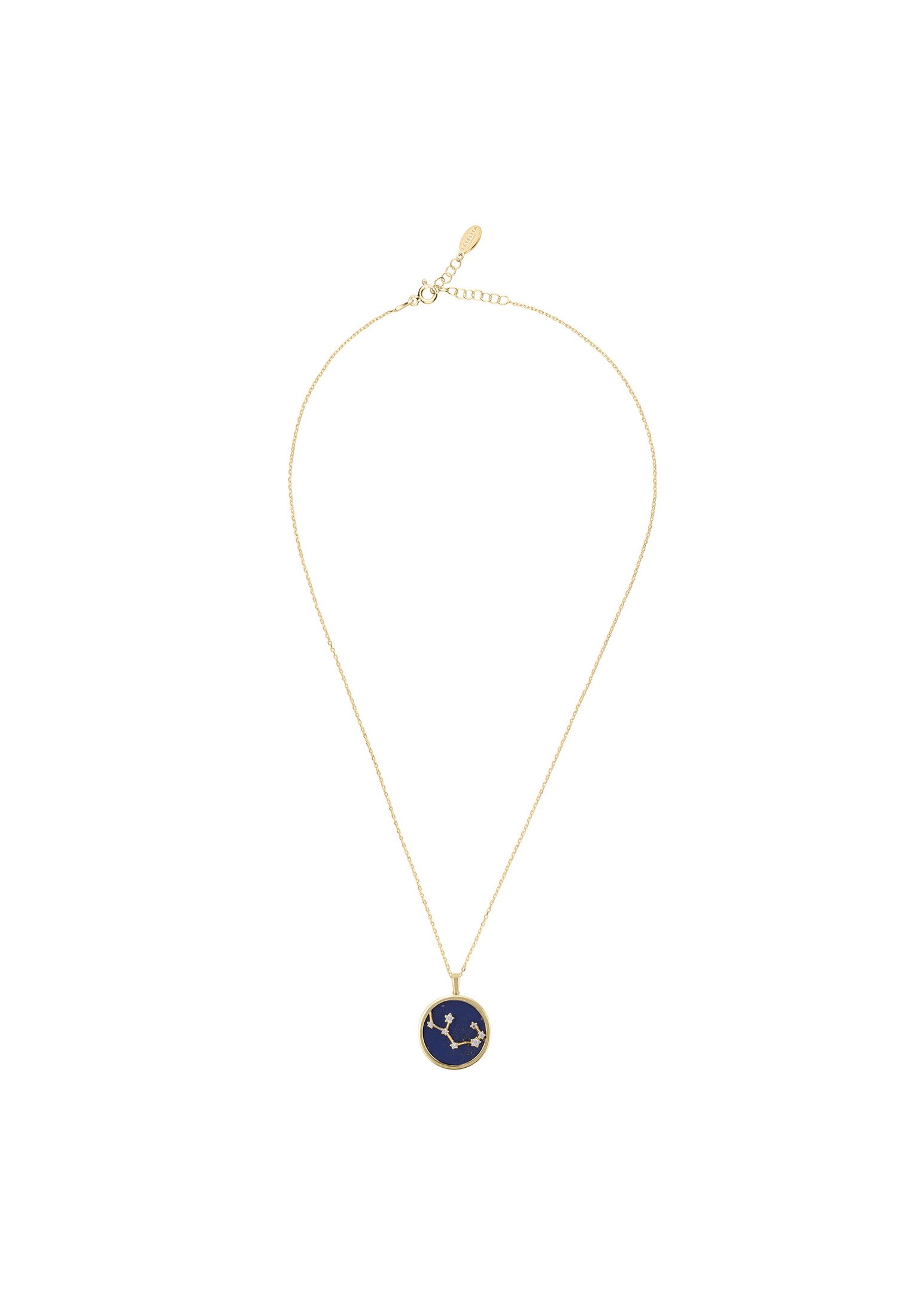 Zodiac Lapis Lazuli Gemstone Star Constellation Pendant Necklace in gold, featuring a deep blue lapis lazuli stone and sparkling cubic zirconia.