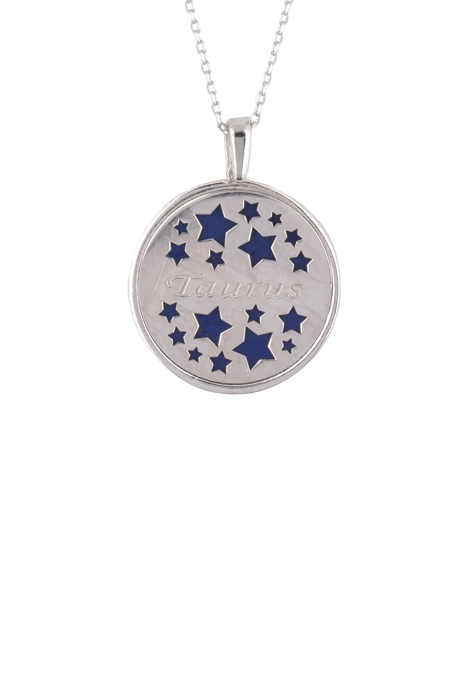 Zodiac Lapis Lazuli Gemstone Star Constellation Pendant Necklace featuring a dark blue lapis lazuli disc with cubic zirconia stars and sterling silver chain.