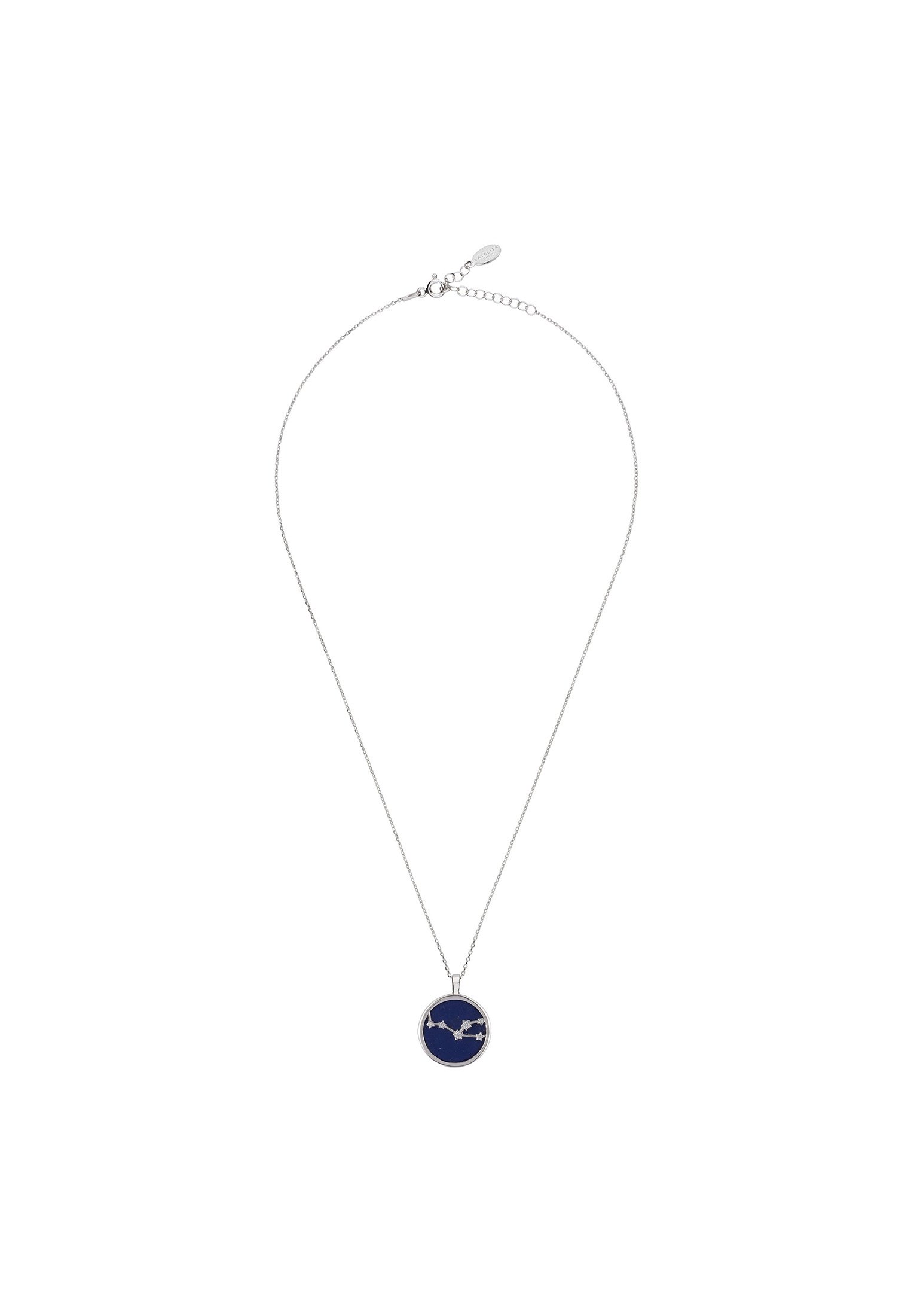 Zodiac Lapis Lazuli Gemstone Star Constellation Pendant Necklace featuring a dark blue lapis lazuli disc with cubic zirconia stars and sterling silver chain.