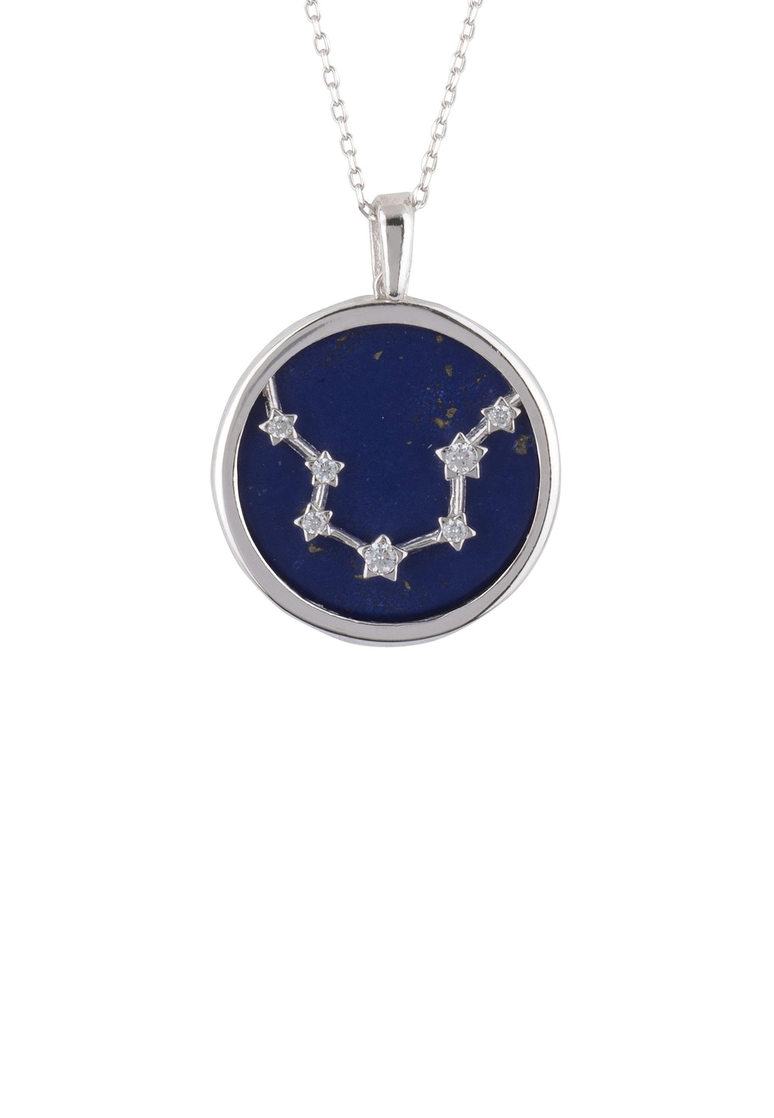 Zodiac Lapis Lazuli Gemstone Star Constellation Pendant Necklace featuring a deep blue lapis lazuli disc with sparkling cubic zirconia stars.