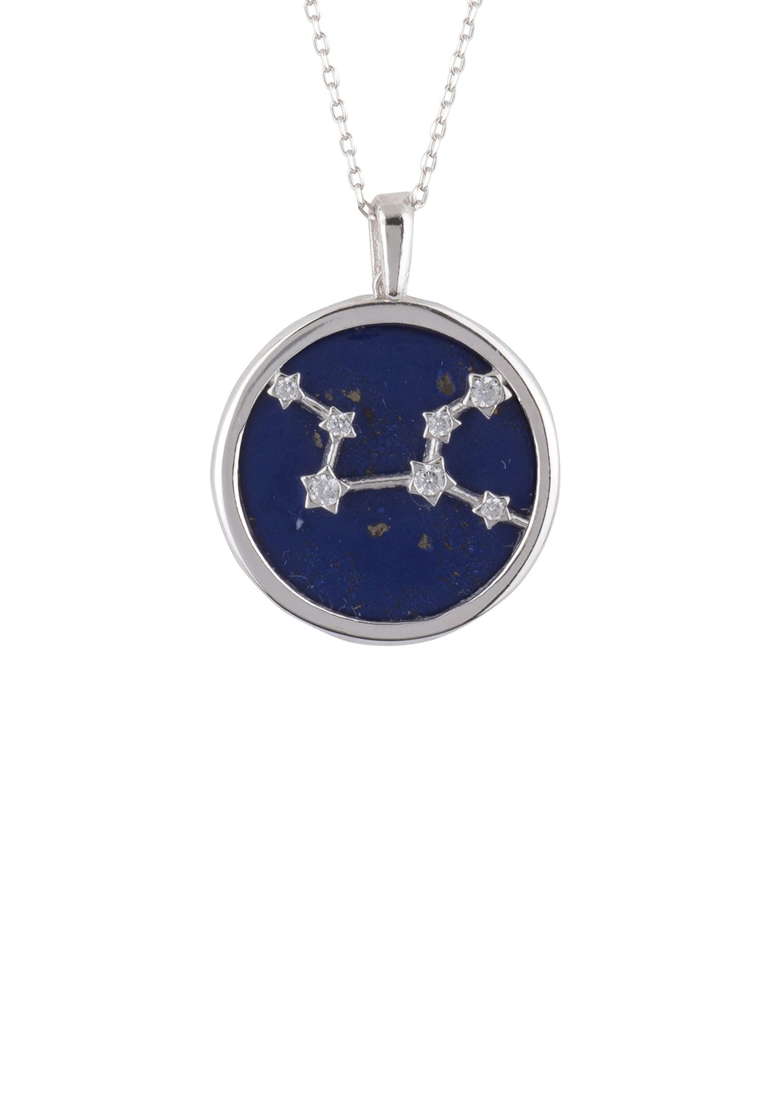 Zodiac Lapis Lazuli Gemstone Star Constellation Pendant Necklace featuring a dark blue lapis lazuli disc with cubic zirconia stars and sterling silver setting.
