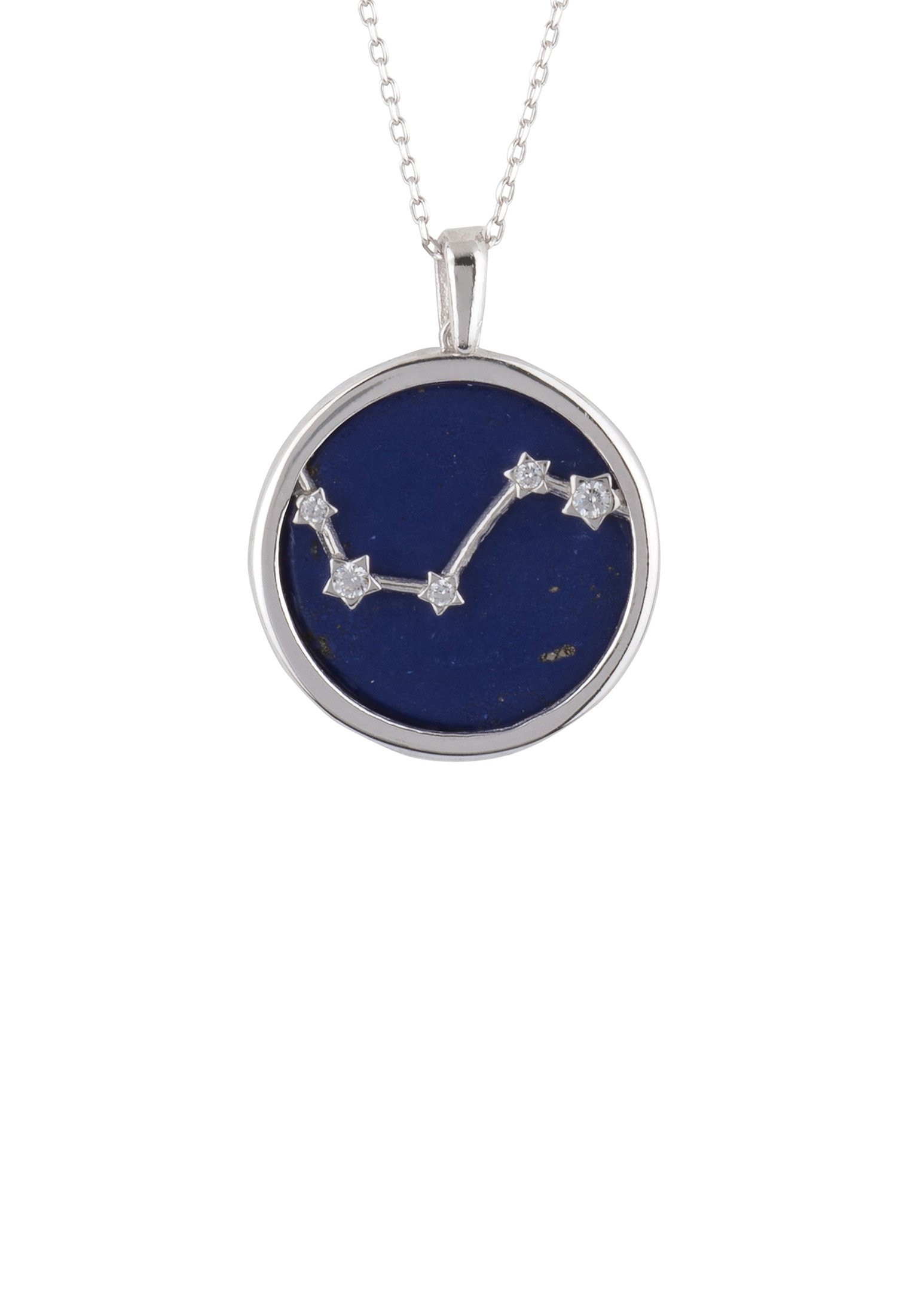 Zodiac Lapis Lazuli Gemstone Star Constellation Pendant Necklace featuring a dark blue lapis lazuli stone and sparkling cubic zirconia in sterling silver.