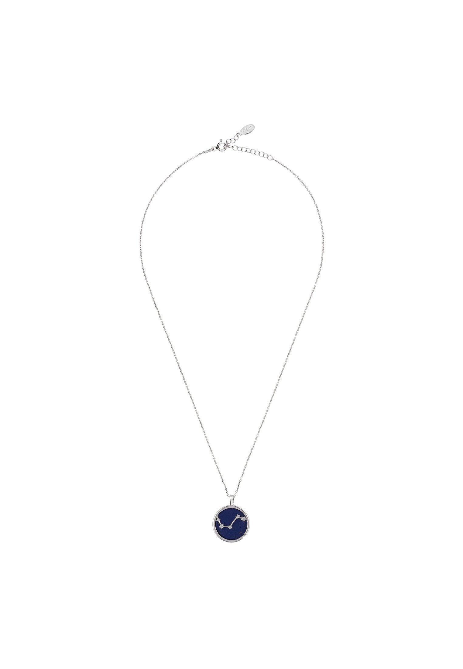Zodiac Lapis Lazuli Gemstone Star Constellation Pendant Necklace featuring a dark blue lapis lazuli stone and sparkling cubic zirconia in sterling silver.