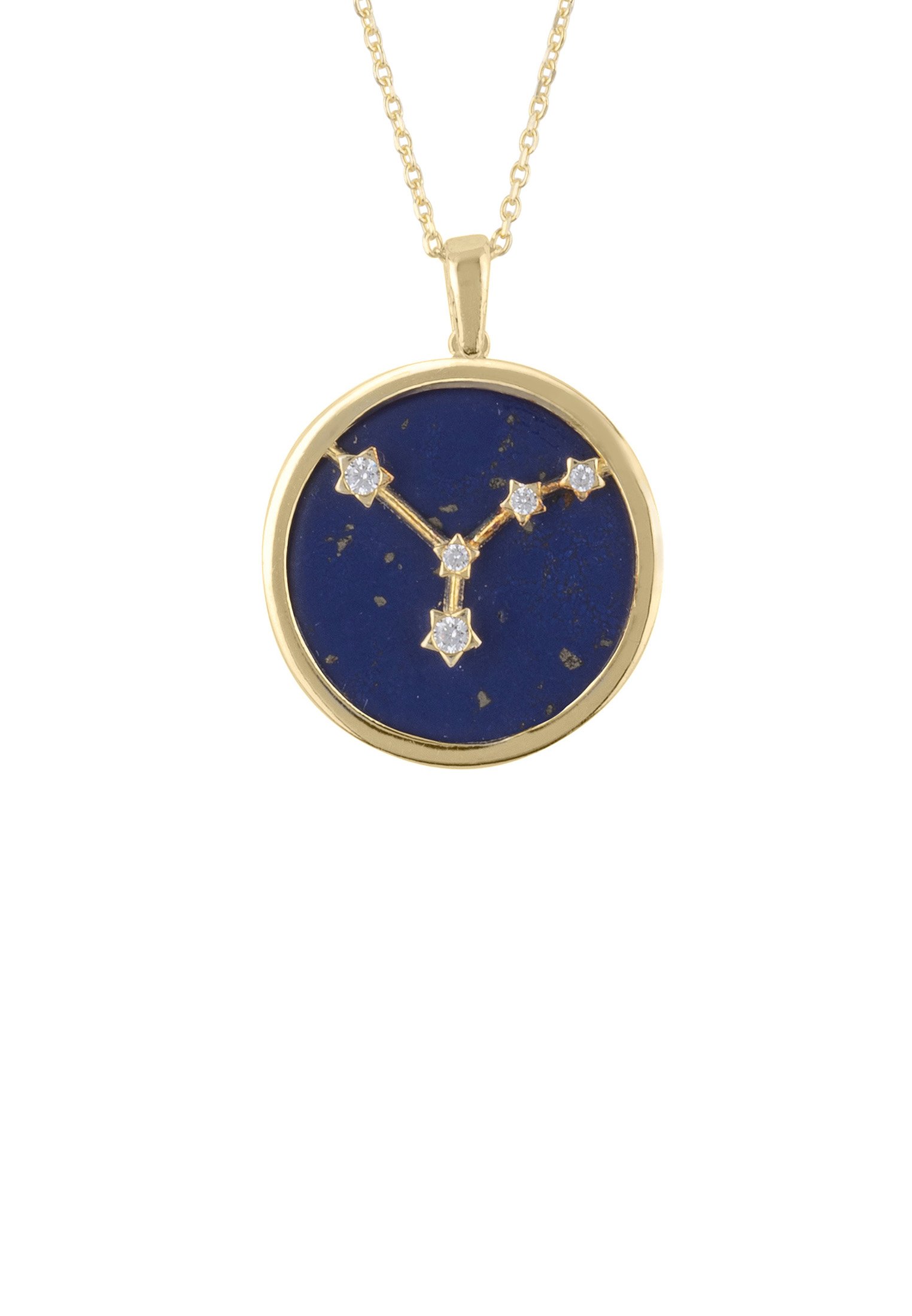 Zodiac Lapis Lazuli Gemstone Star Constellation Pendant Necklace in gold, featuring a dark blue lapis lazuli stone and sparkling cubic zirconia.