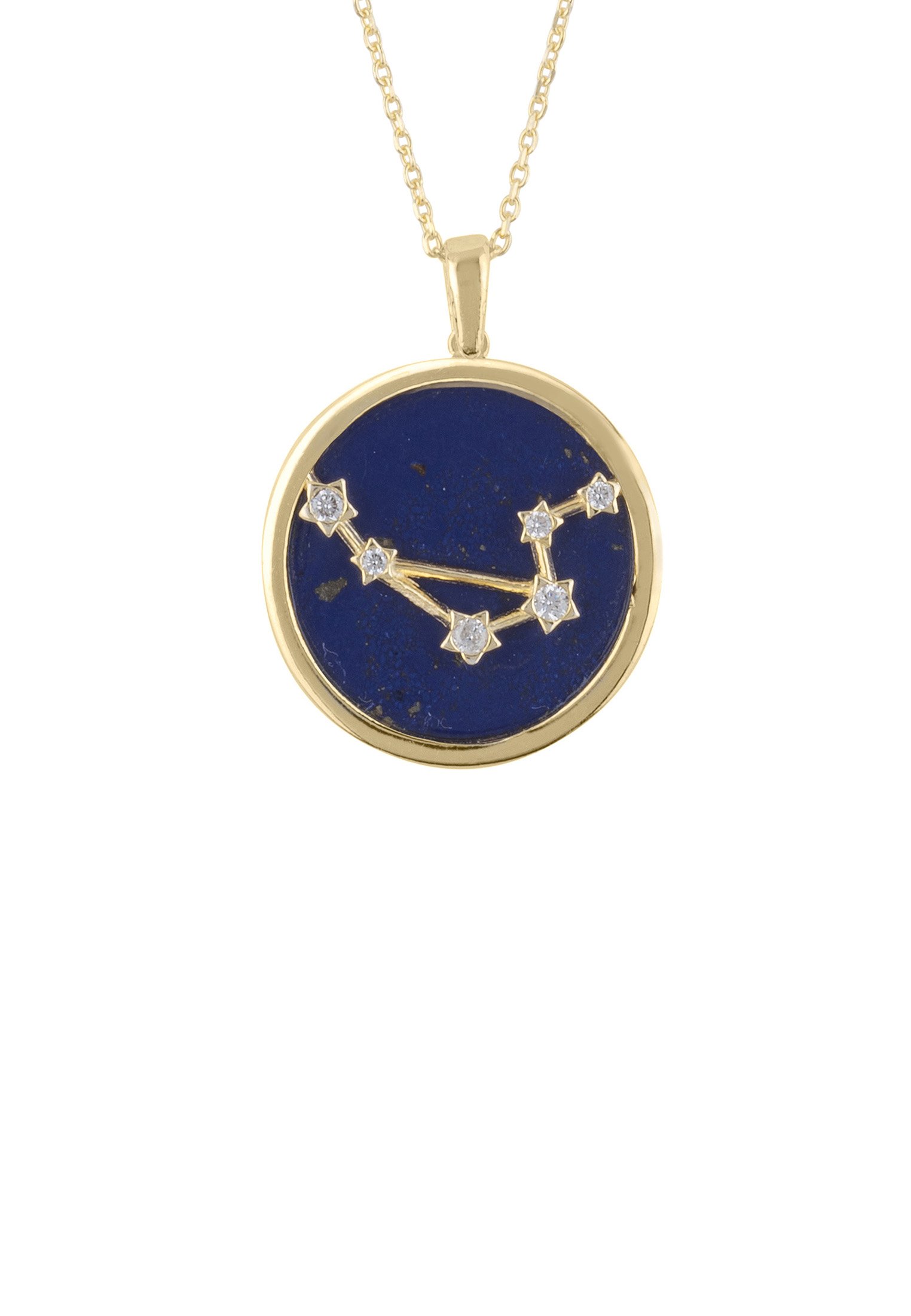 Zodiac Lapis Lazuli Gemstone Star Constellation Pendant Necklace in gold, featuring a blue lapis lazuli stone and sparkling cubic zirconia.