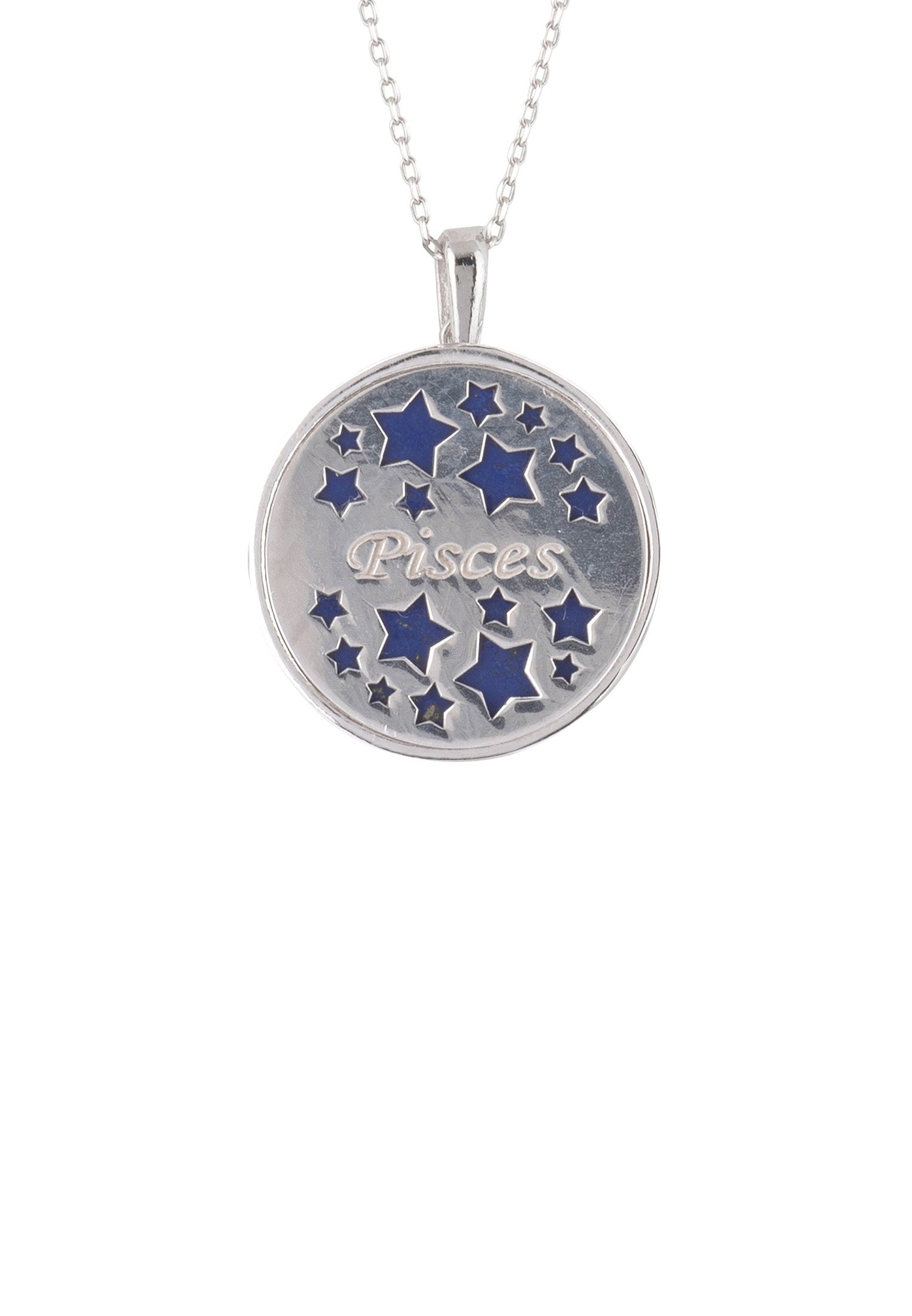 Zodiac Lapis Lazuli Gemstone Star Constellation Pendant Necklace featuring a dark blue lapis lazuli disc with sparkling cubic zirconia stars.