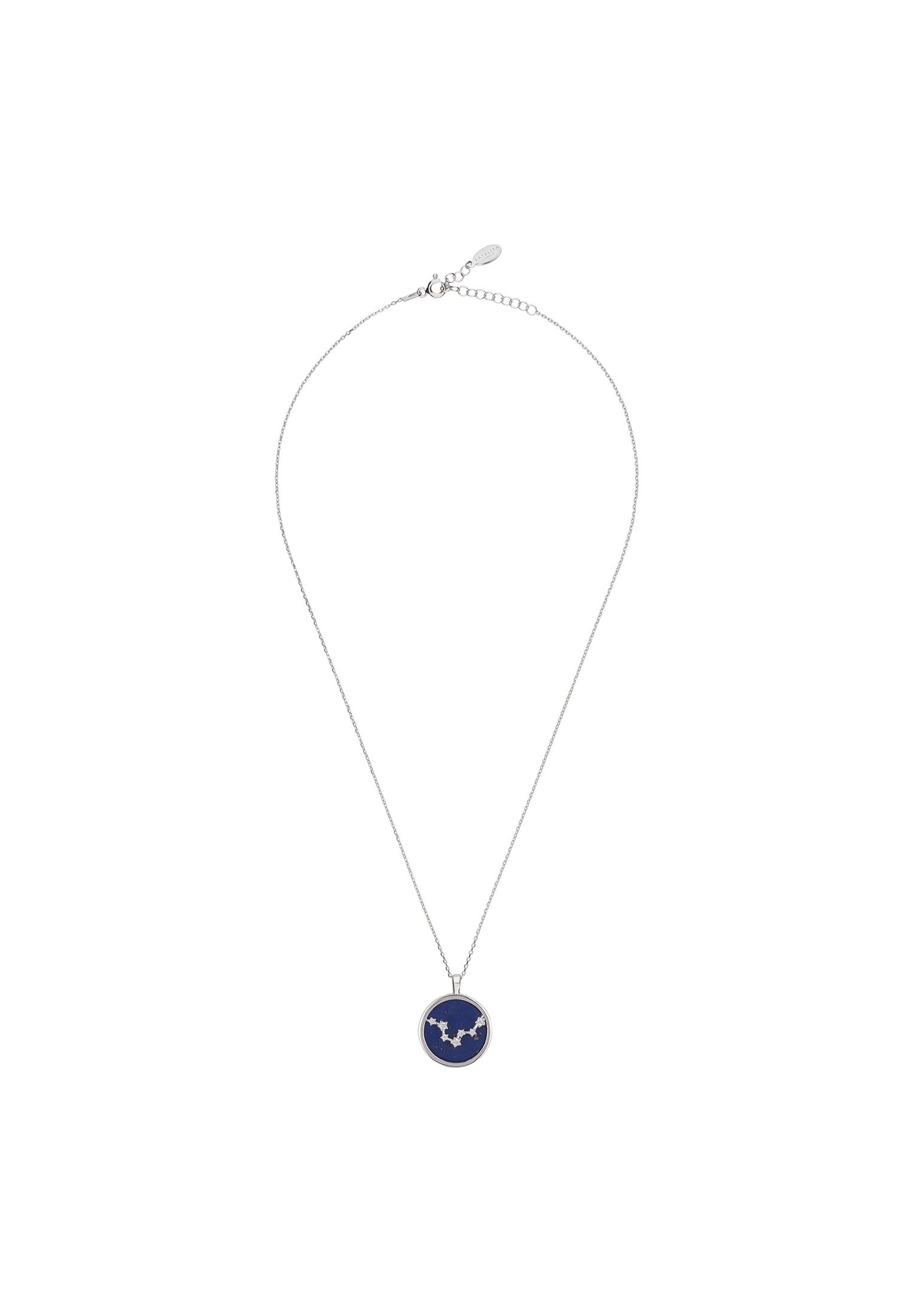 Zodiac Lapis Lazuli Gemstone Star Constellation Pendant Necklace featuring a dark blue lapis lazuli disc with sparkling cubic zirconia stars.