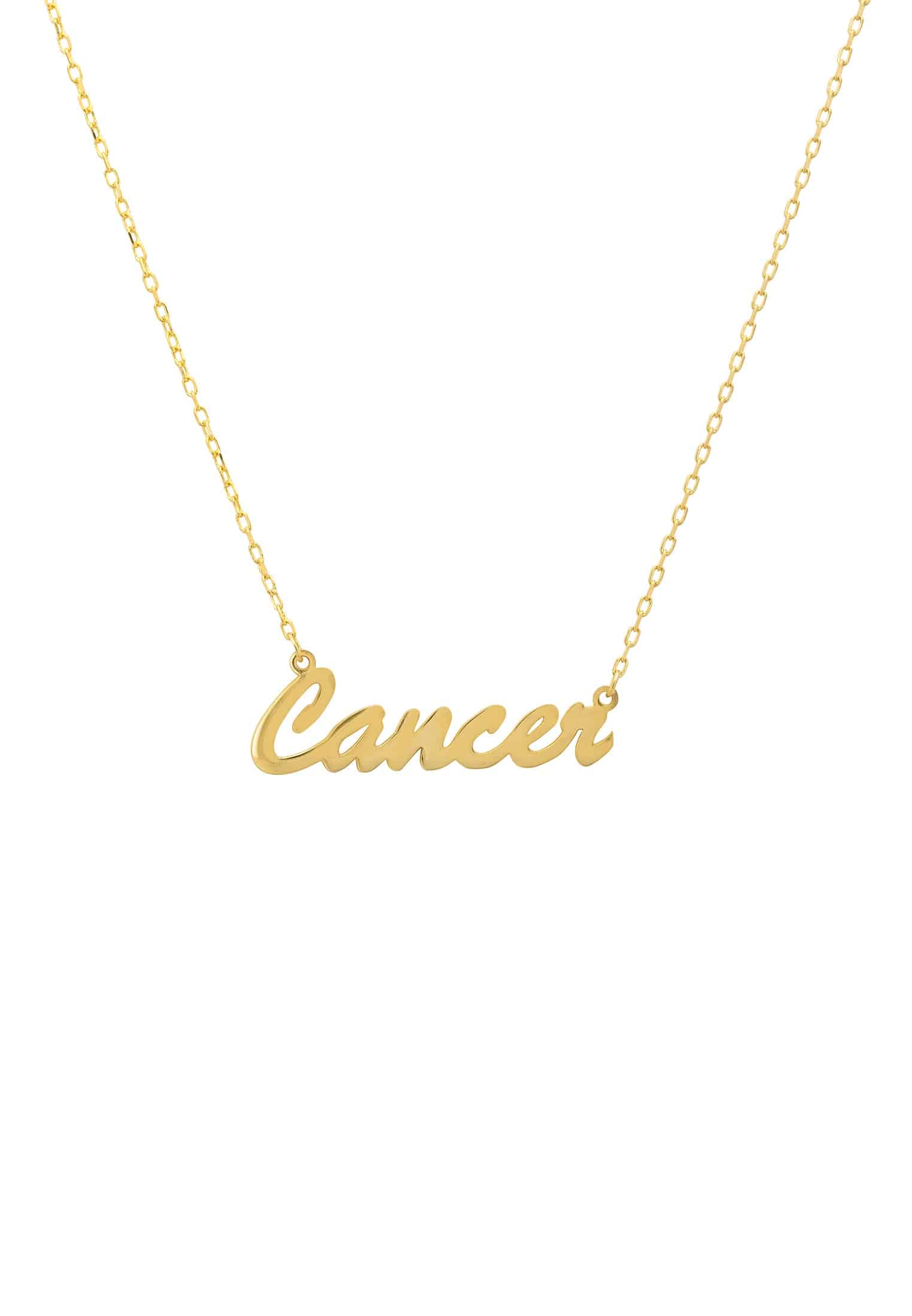 Gold Cancer zodiac star sign name necklace, elegantly crafted from sterling silver and dipped in 22ct gold, featuring a lobster clasp.
