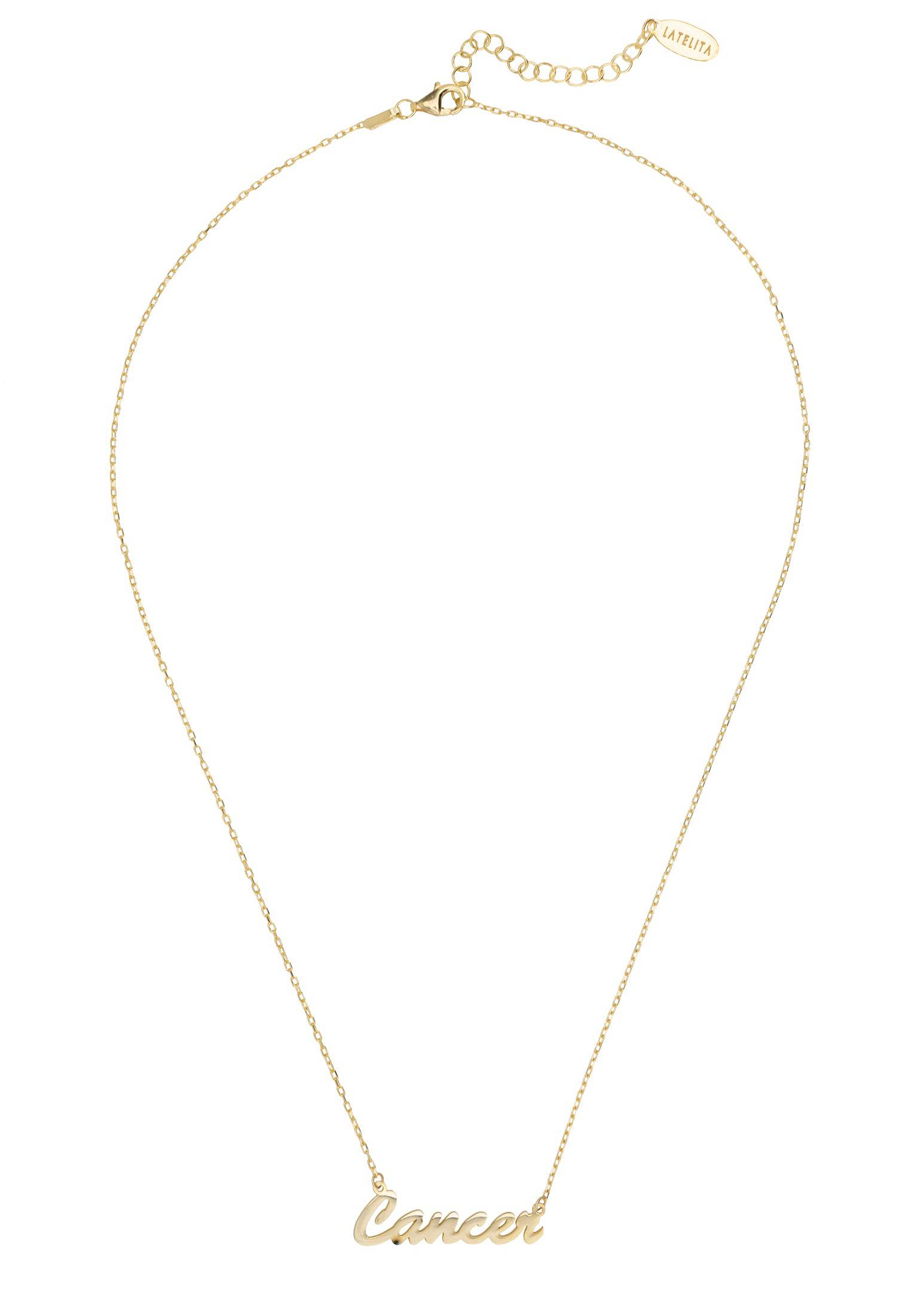 Gold Cancer zodiac star sign name necklace, elegantly crafted from sterling silver and dipped in 22ct gold, featuring a lobster clasp.