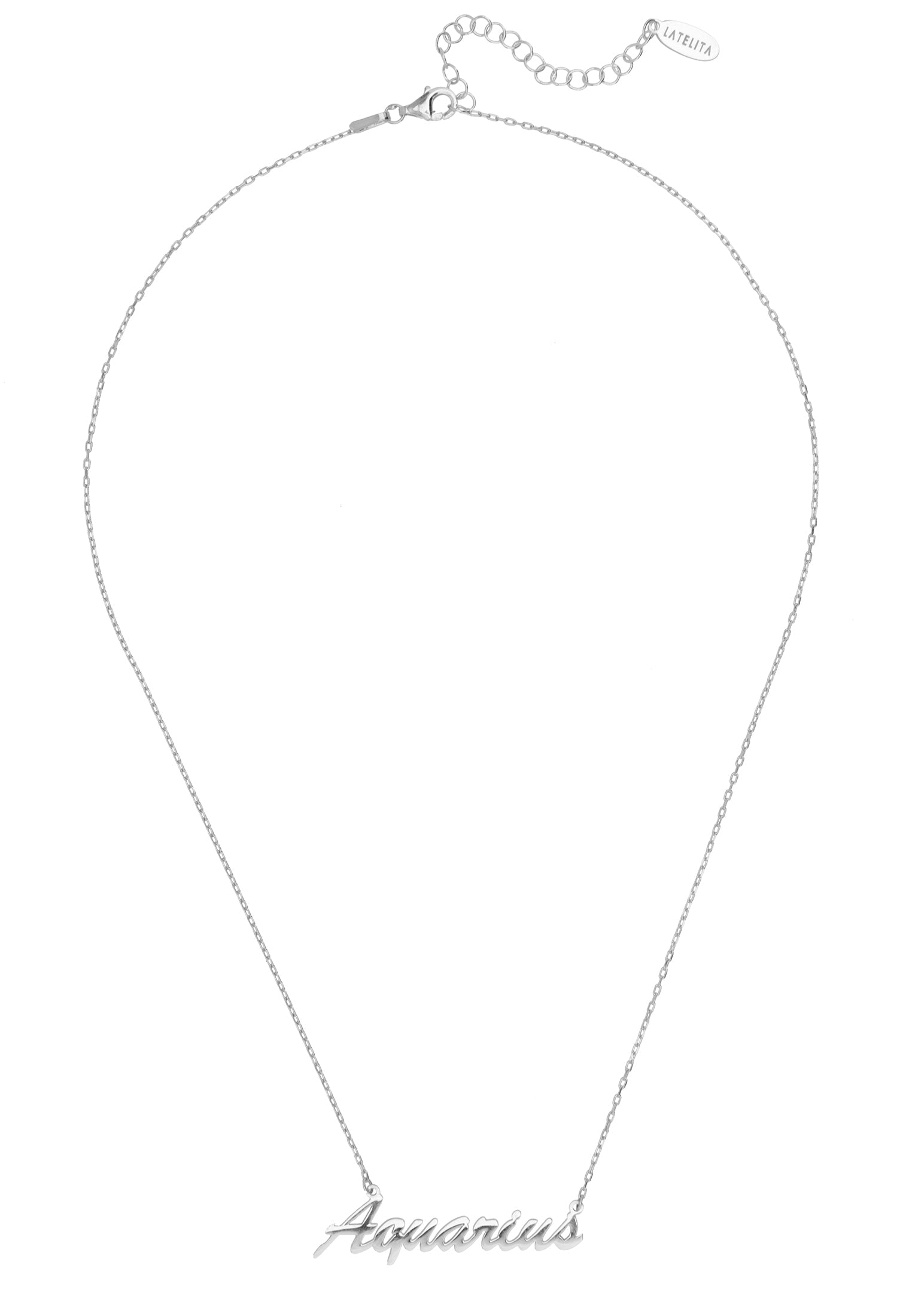 Silver Zodiac Star Sign Name Necklace featuring the Aquarius symbol, elegantly designed for stylish layering.