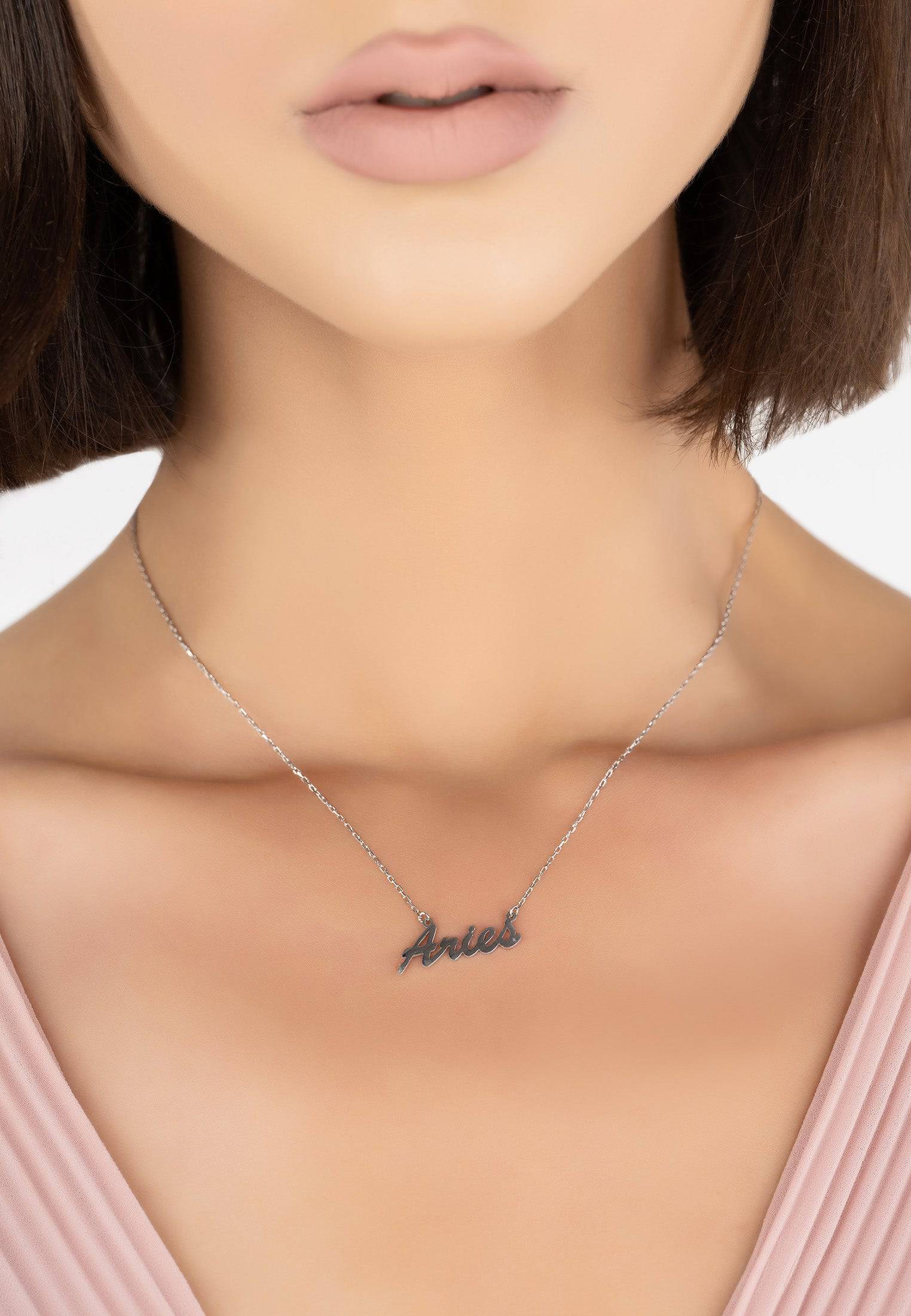 Silver Zodiac Star Sign Name Necklace featuring the Aries constellation, elegantly designed and crafted from 925 sterling silver.