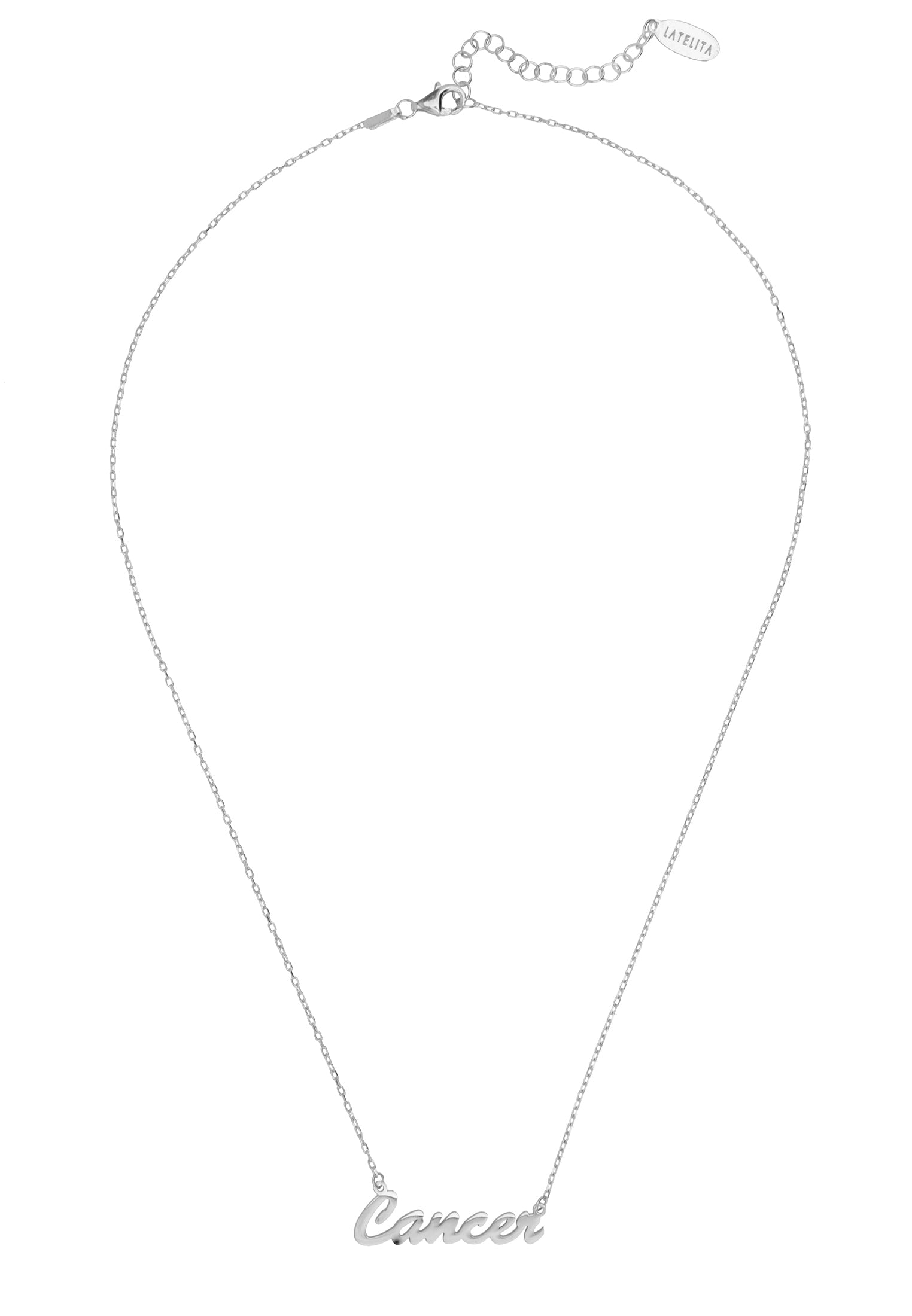 Silver Zodiac Star Sign Name Necklace featuring the Cancer symbol, elegantly designed for stylish layering.