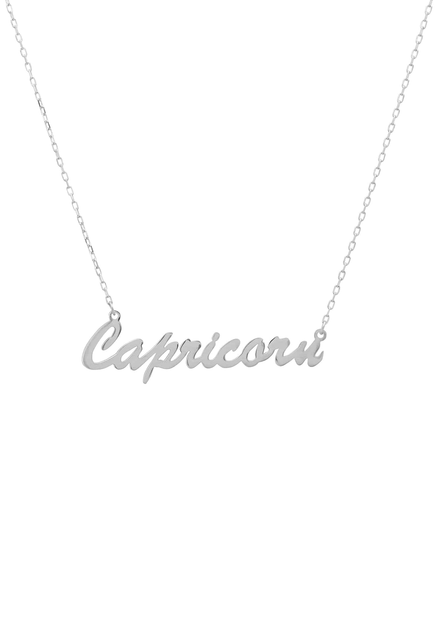 Silver Zodiac Star Sign Name Necklace featuring the Capricorn design, elegantly crafted in 925 sterling silver.