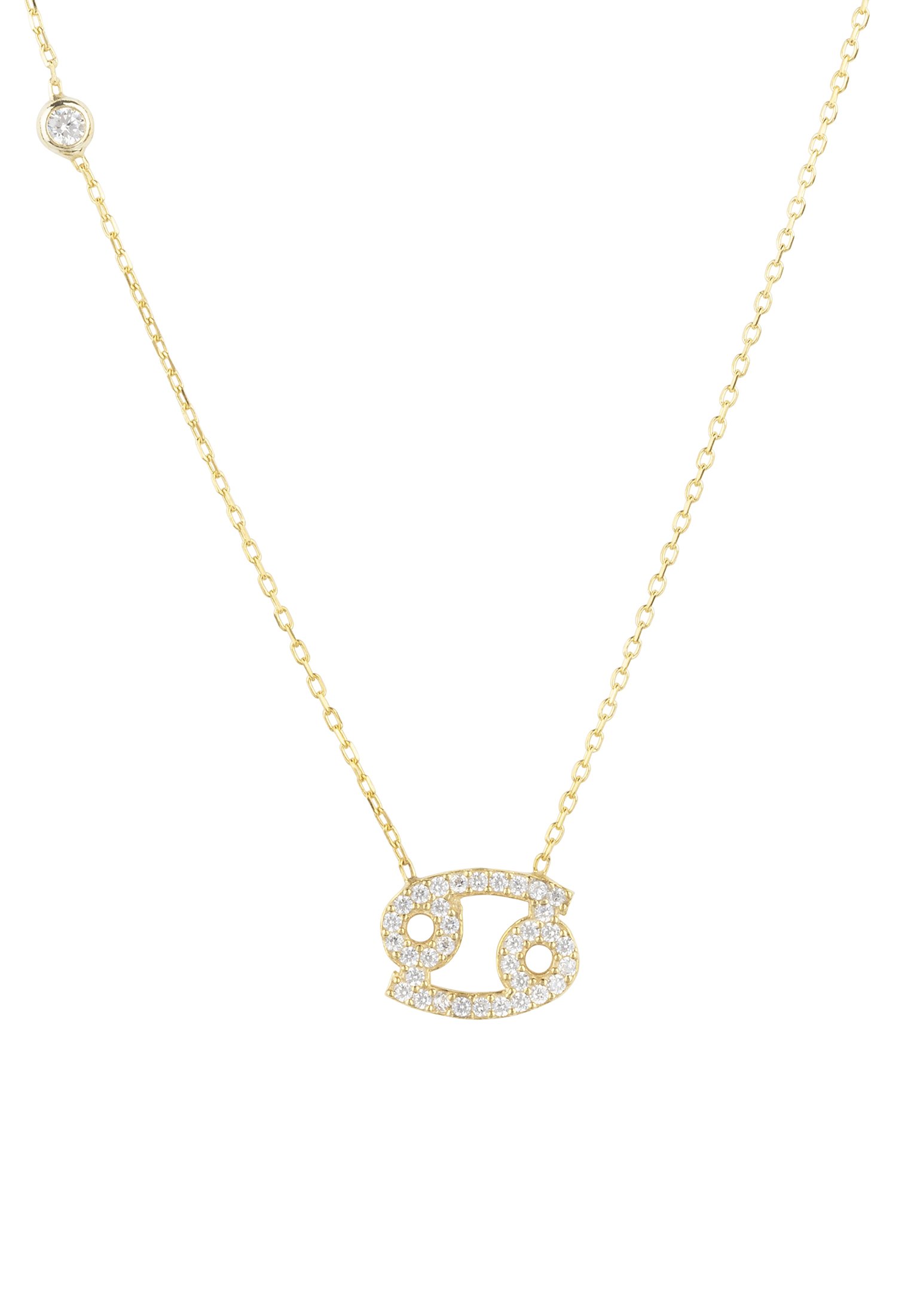 Gold Cancer Zodiac Star Sign Pendant Necklace with white zircons on a delicate chain.