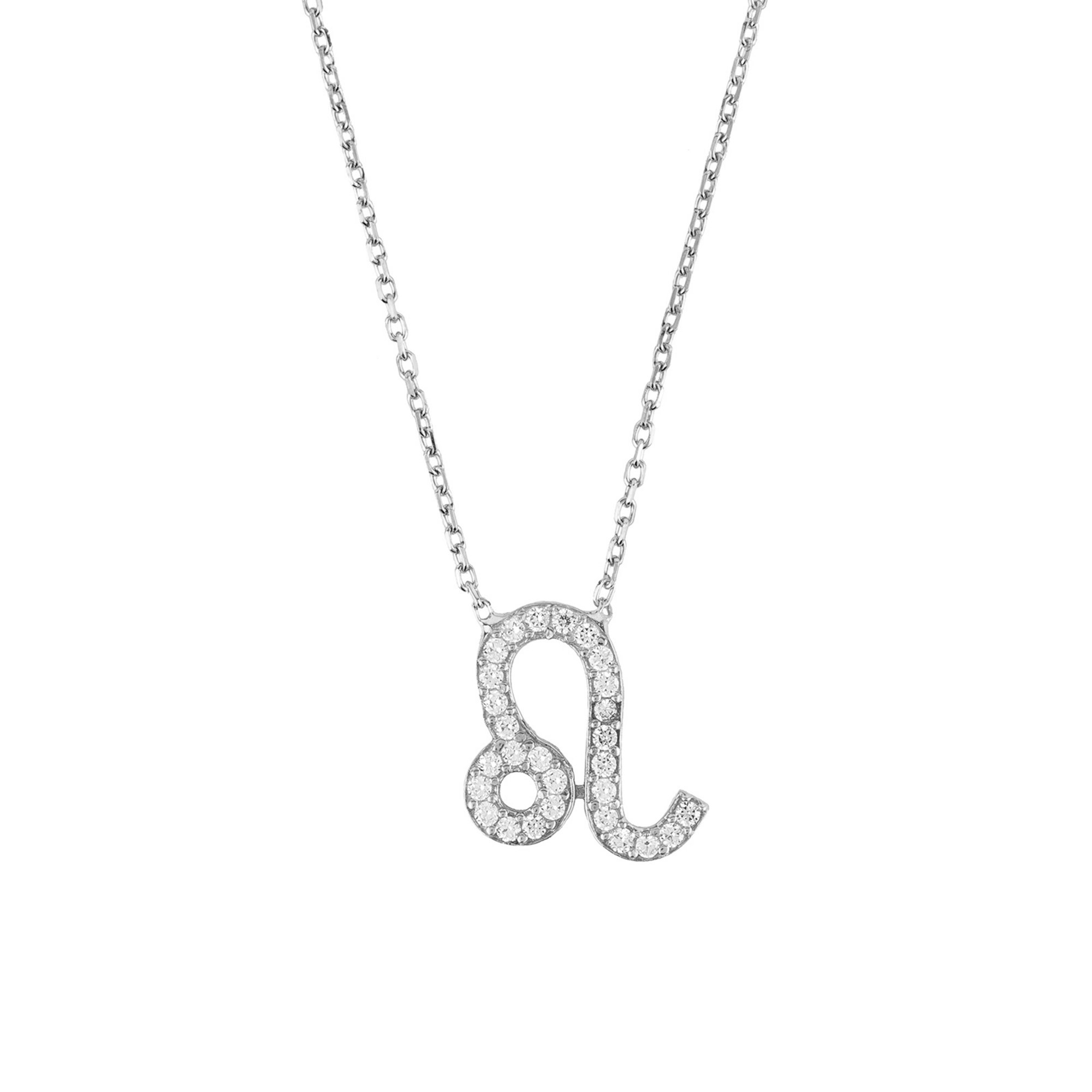 Zodiac Star Sign Pendant Necklace in Silver featuring Leo symbol, adorned with white zircons, displayed elegantly.