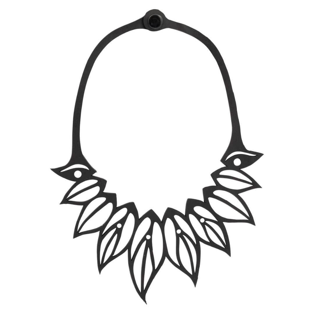 Zoe Recycled Rubber Leaf Necklace showcasing its elegant leaf design made from upcycled inner tubes, perfect for eco-conscious fashion lovers.