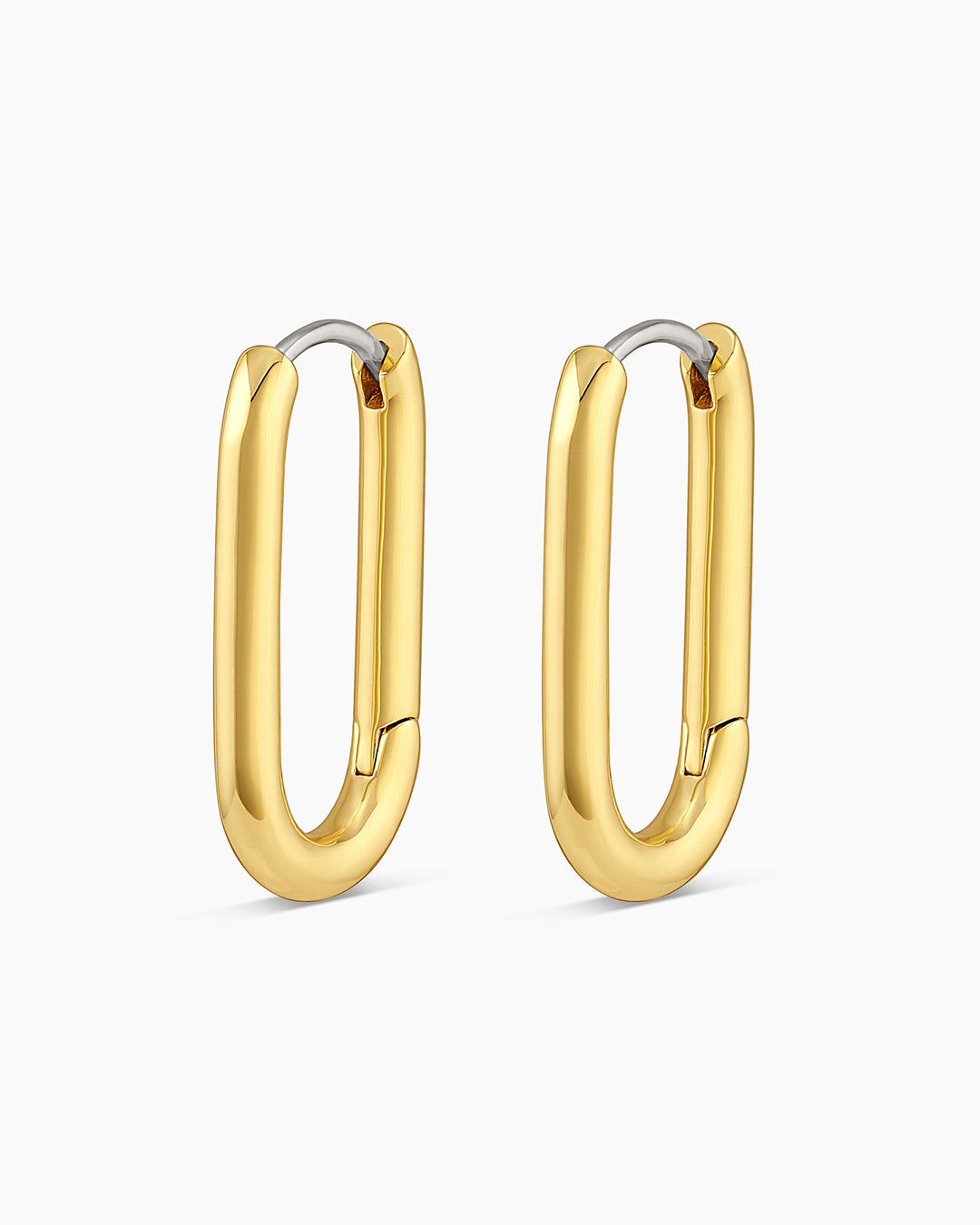 A pair of elegant gold plated paper clip hoop earrings with a 15/16" drop, showcasing a modern design.