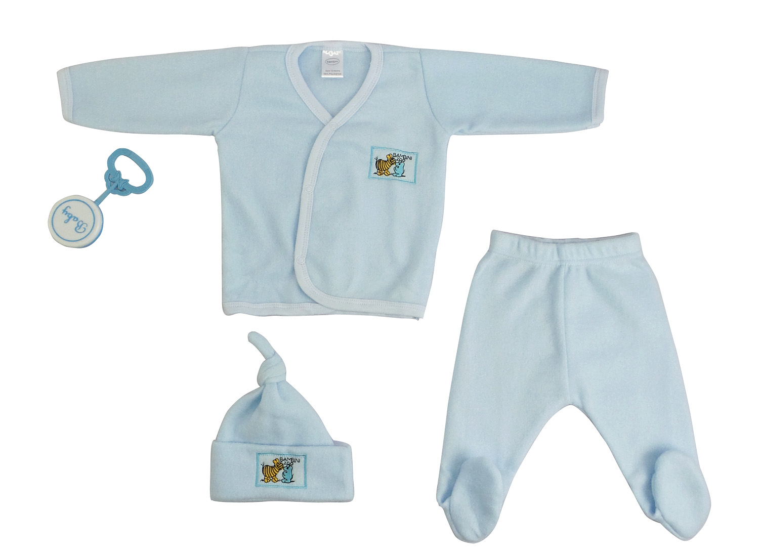 4 Piece Fleece Set in blue for newborns, including a jacket, hat, pants, and rattle, displayed on a soft surface.