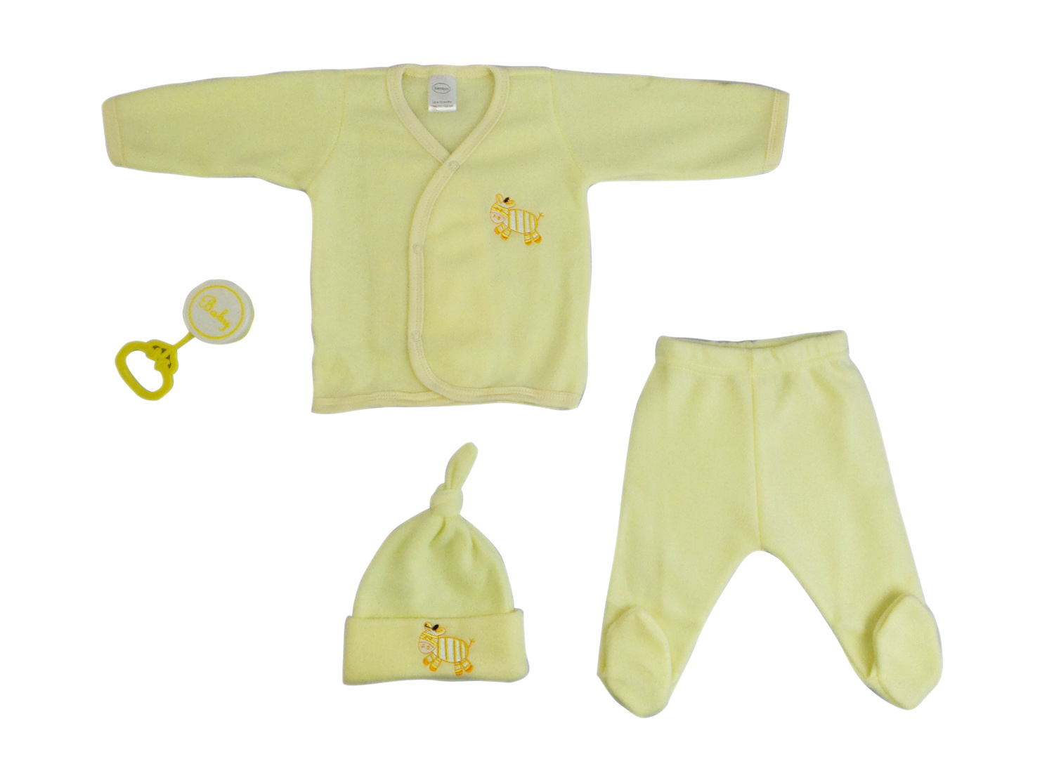 4 Piece Fleece Set in yellow including jacket, hat, pants, and rattle for newborns.
