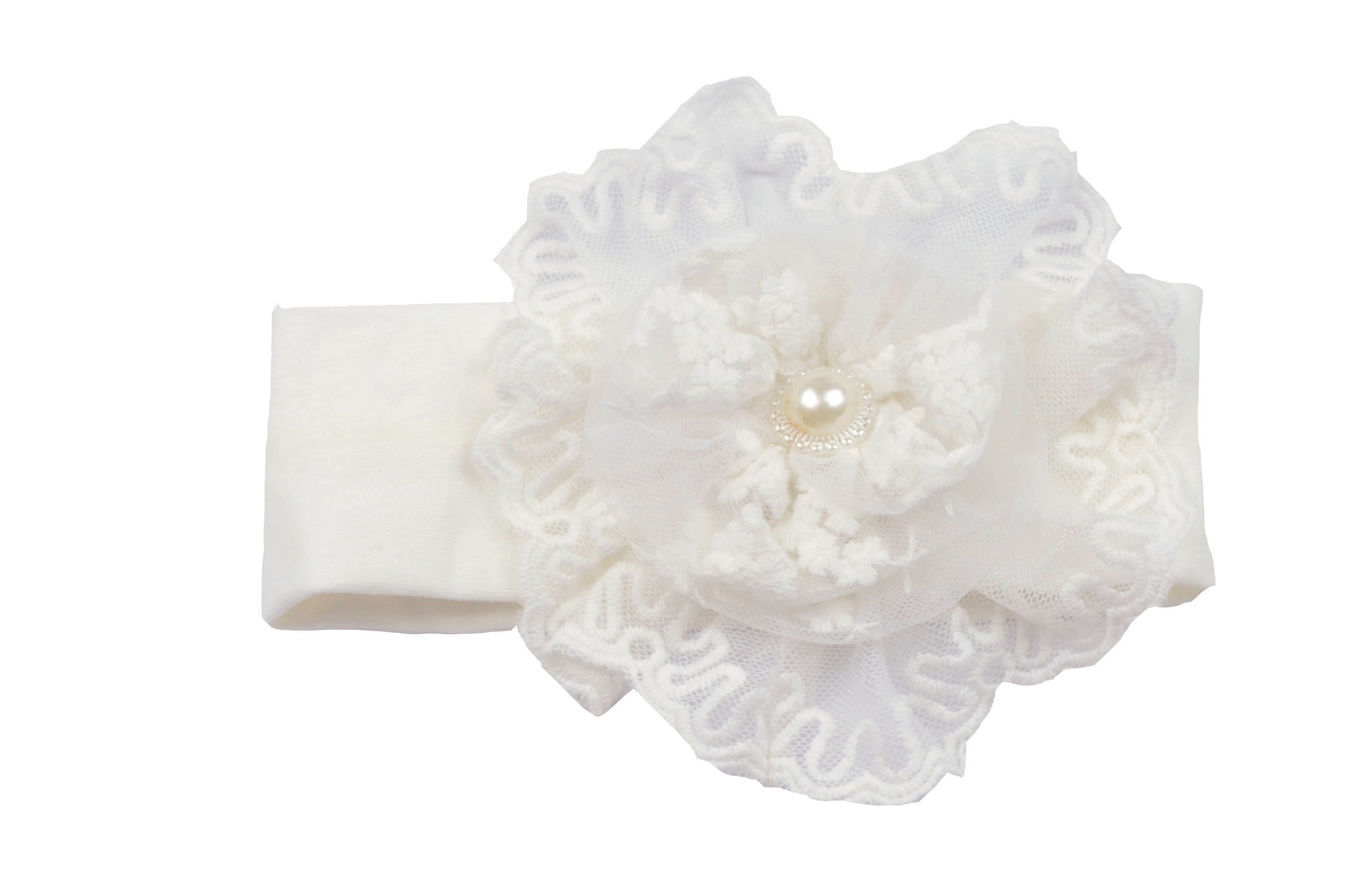 Anna Corinne Heirloom Headband featuring white lace, pearl accents, and rosettes, perfect for special occasions.