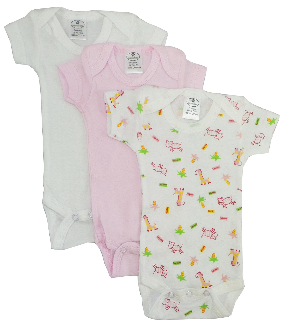 Bambini Girls' Printed Short Sleeve Variety Pack featuring colorful cotton onesies with expandable necklines and snap closures.