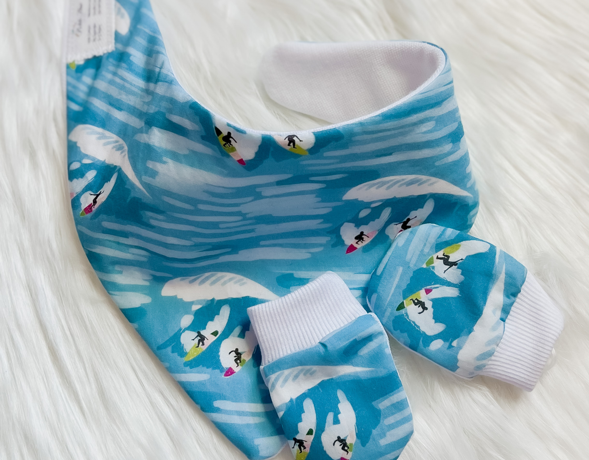 Stylish Beach Bandana Bib and No Scratch Hand Mittens set for babies, featuring soft cotton material and adjustable snaps.
