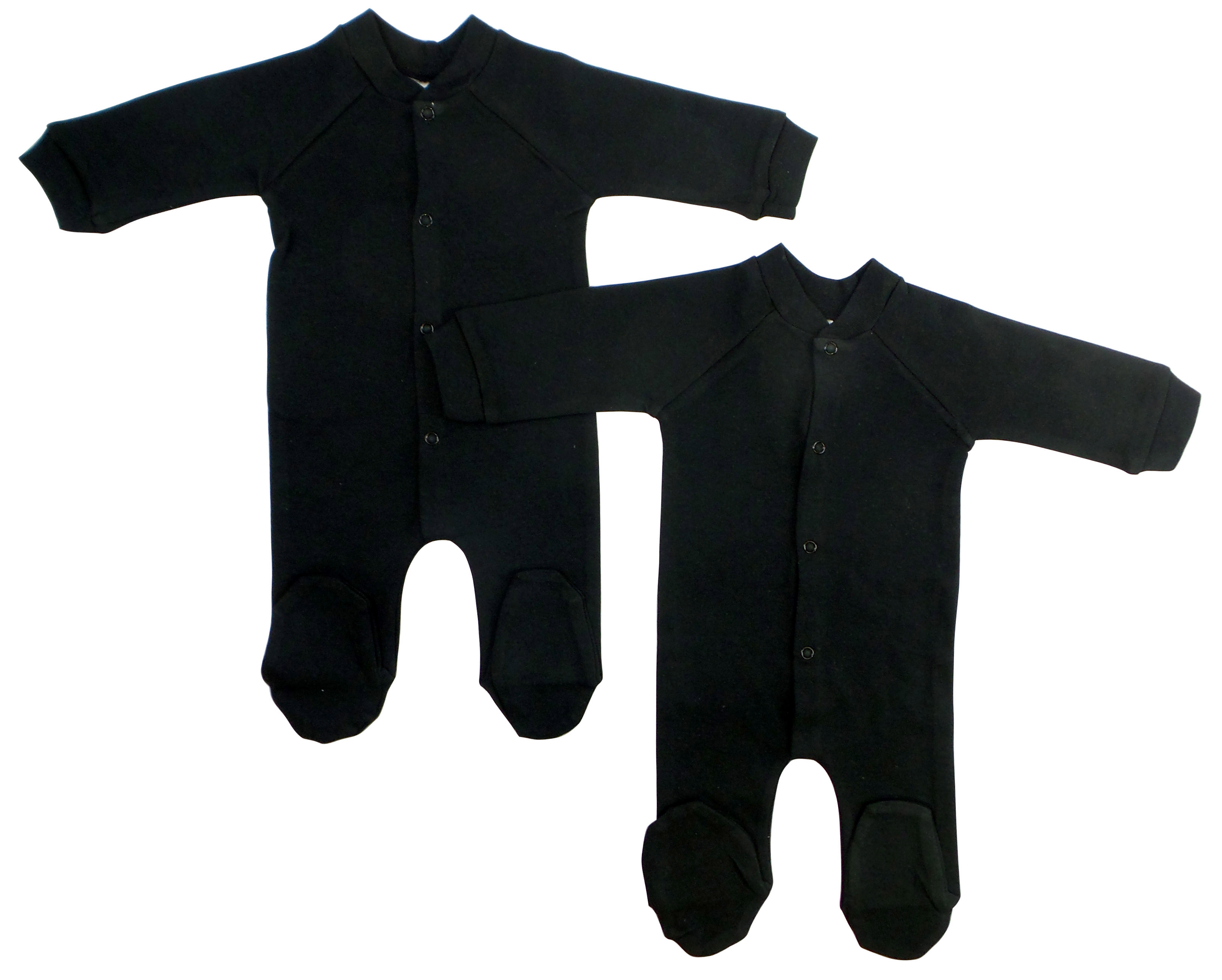 Two pairs of black interlock sleep and play long johns for babies, featuring a closed-toe design for warmth and comfort.