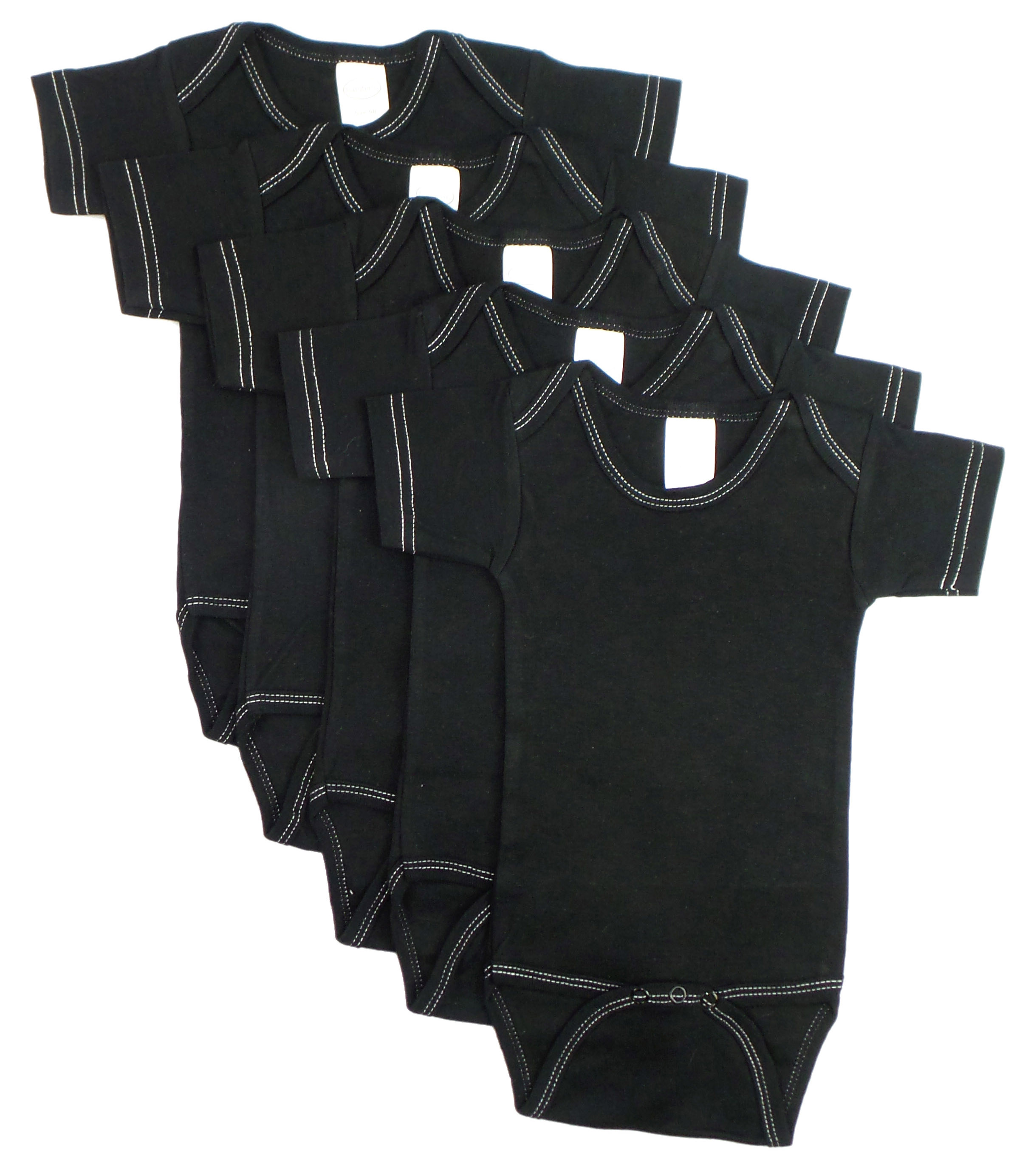 A pack of 5 black short sleeve onezies with white stitching, made from 100% cotton, perfect for babies.