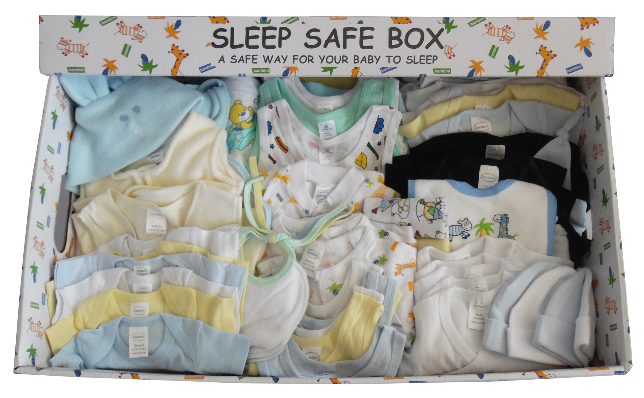 Boy 88 Piece Baby Starter Set Box featuring essential items for newborn baby girls, including clothing, blankets, and safety brochures.