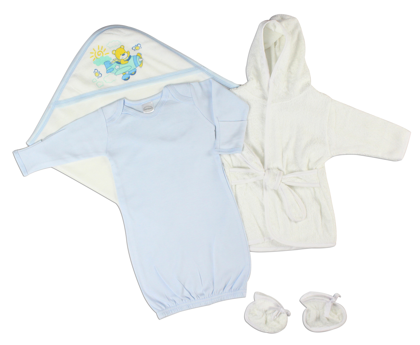 Boys' 3 Piece Layette Set featuring a soft blue infant gown made from 100% cotton, designed for newborn comfort and easy dressing.