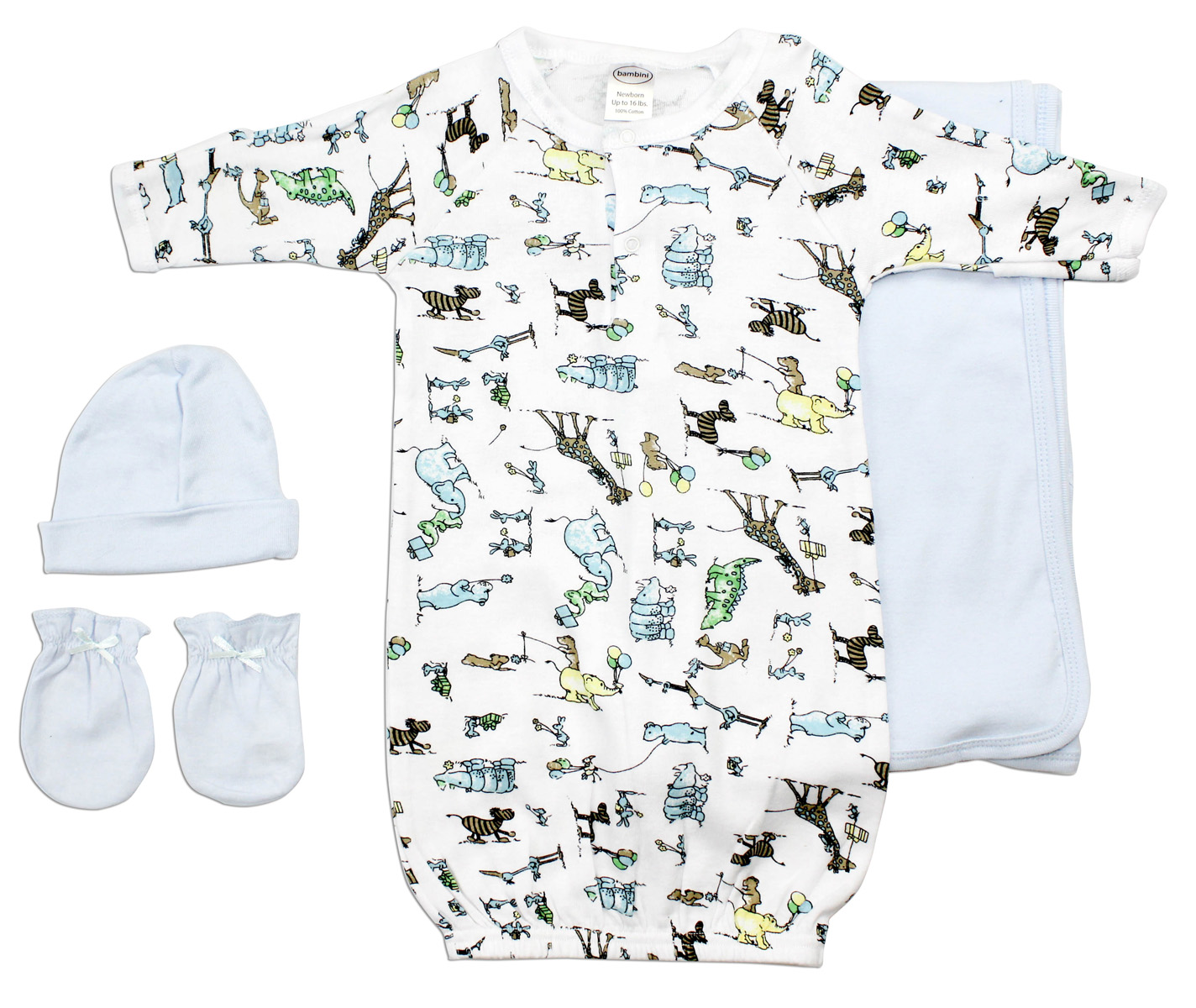 Boys' 4 Piece Layette Set featuring soft cotton fabric, expandable neckline, and ribbed leg openings, perfect for newborn comfort.