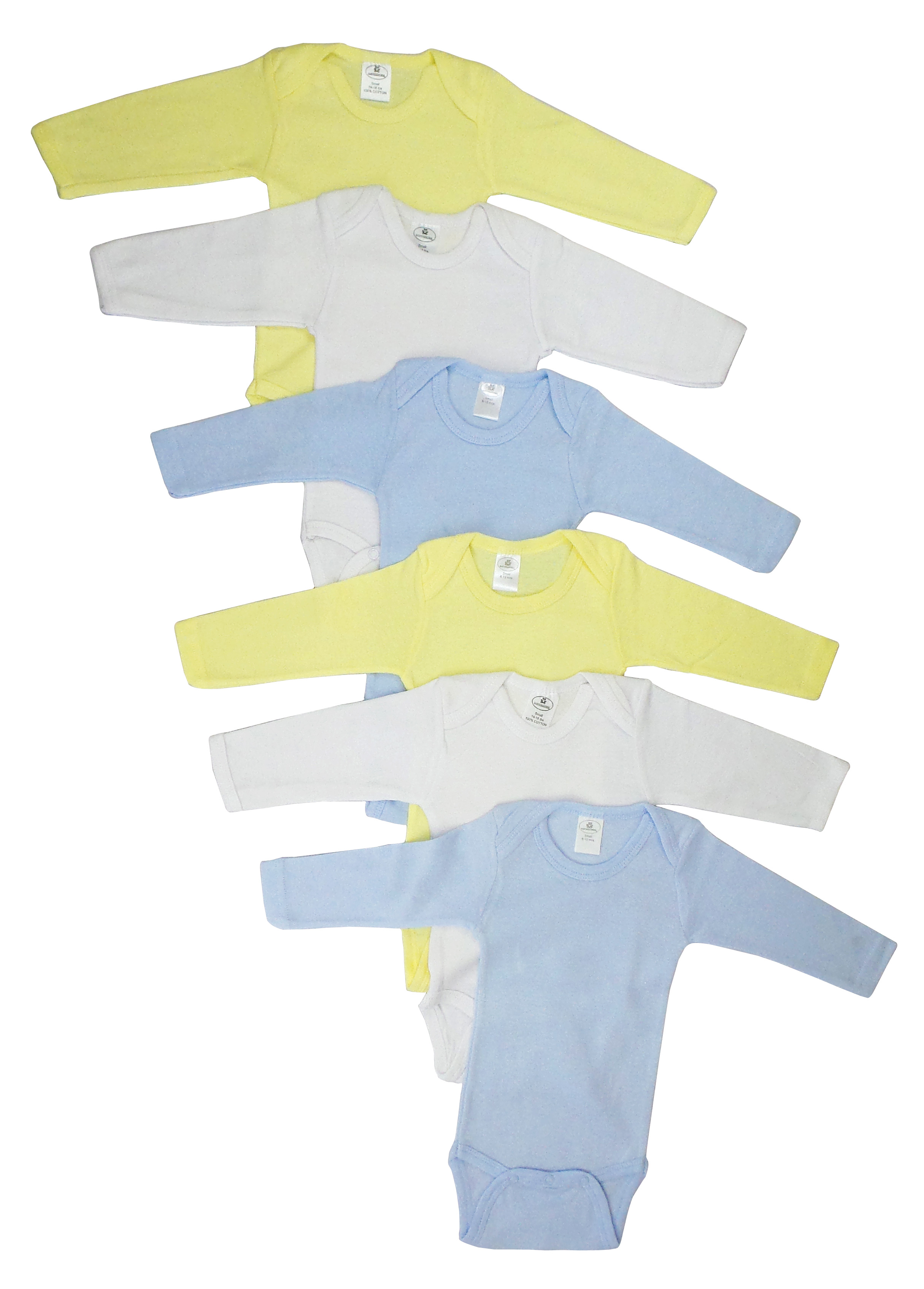 Boys' pastel long sleeve onezies in a variety of colors, showcasing soft cotton fabric and convenient snap closures.