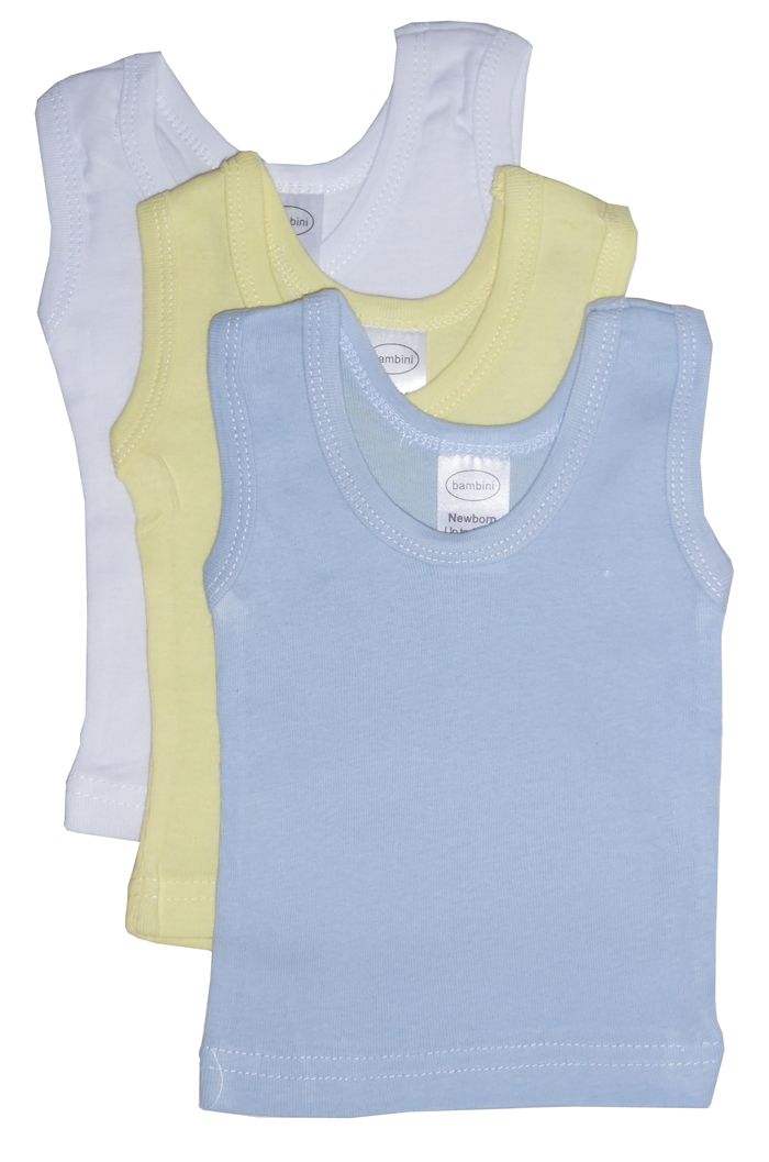 Three pastel sleeveless tank tops for boys made from 100% cotton rib knit fabric, showcasing soft colors perfect for spring.