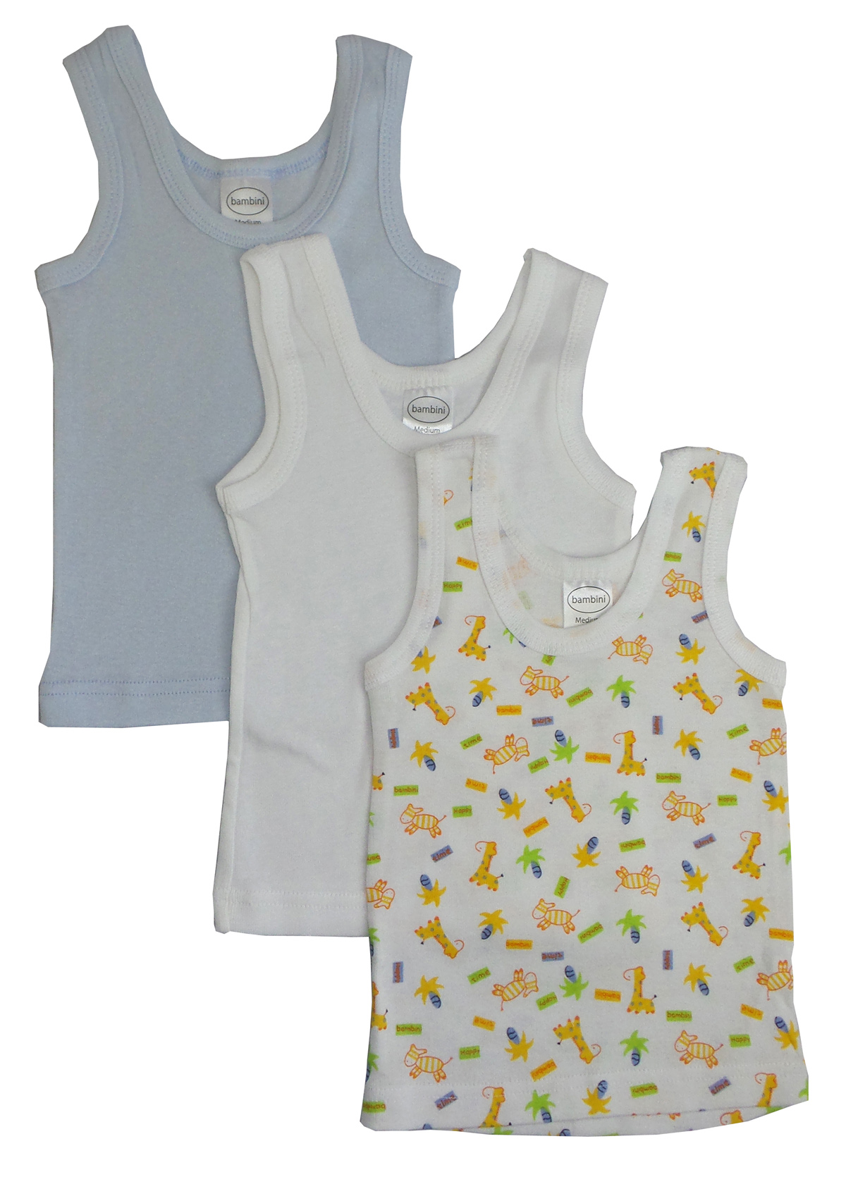 Three colorful boys' tank tops in various prints, made from soft cotton fabric, showcasing a fun and playful design suitable for summer wear.