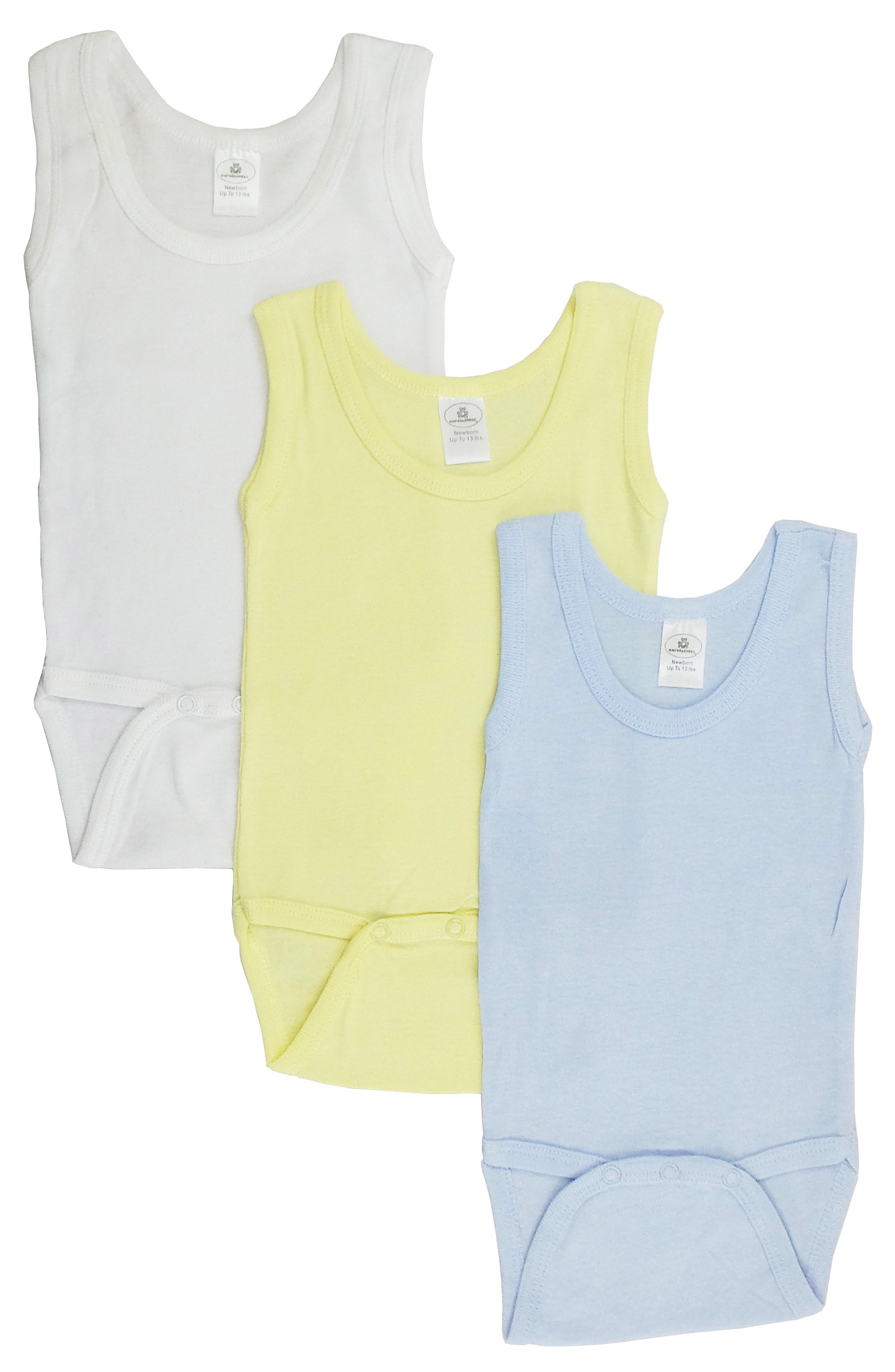 A pack of three boys tank top onezies in blue, white, and yellow colors, made from soft 100% cotton rib knit fabric, showcasing their expandable shoulder neckline and front snap closure.