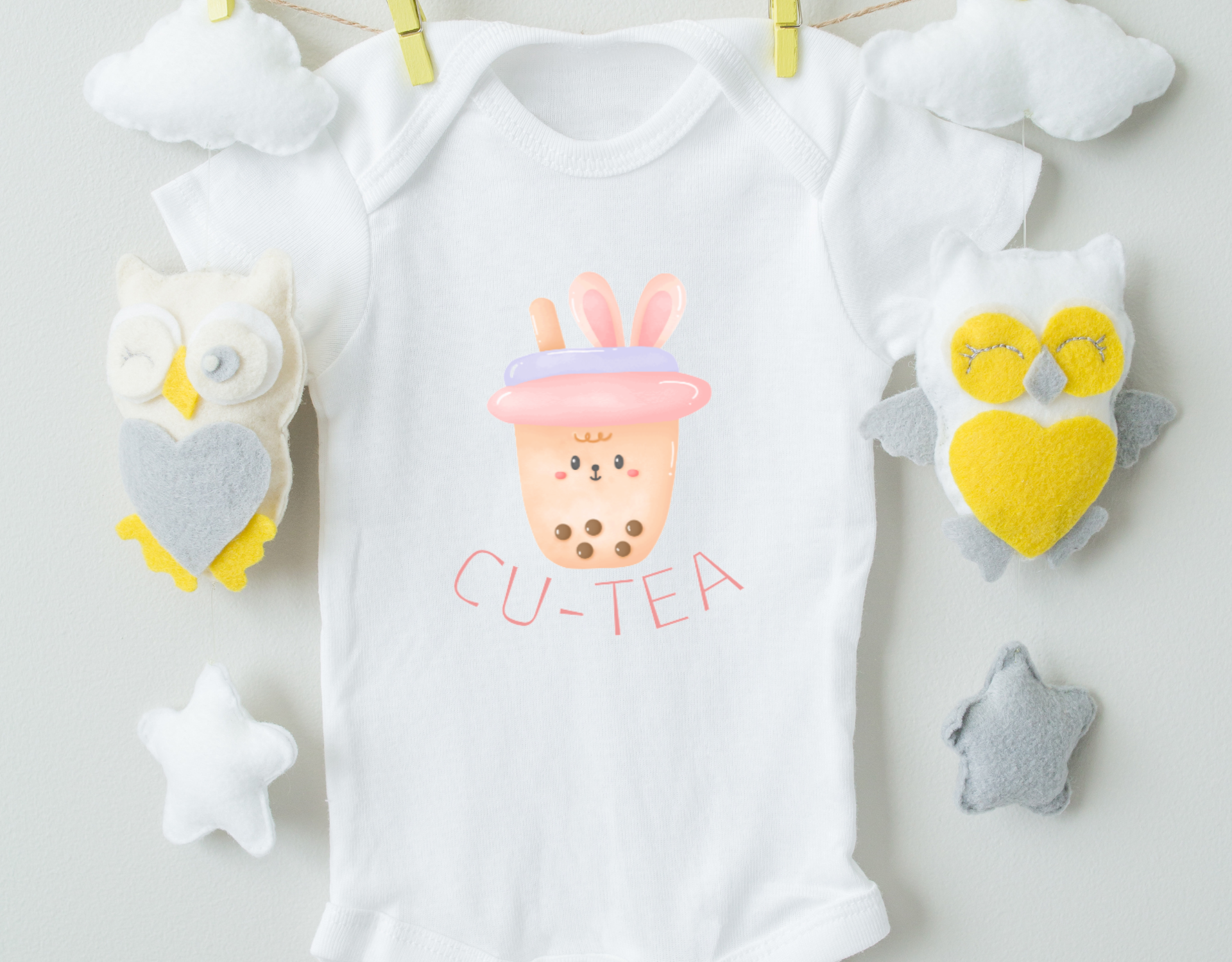 A cute Bubble Tea Girl Bodysuit made of 100% cotton, featuring a vibrant bubble tea design, perfect for babies.