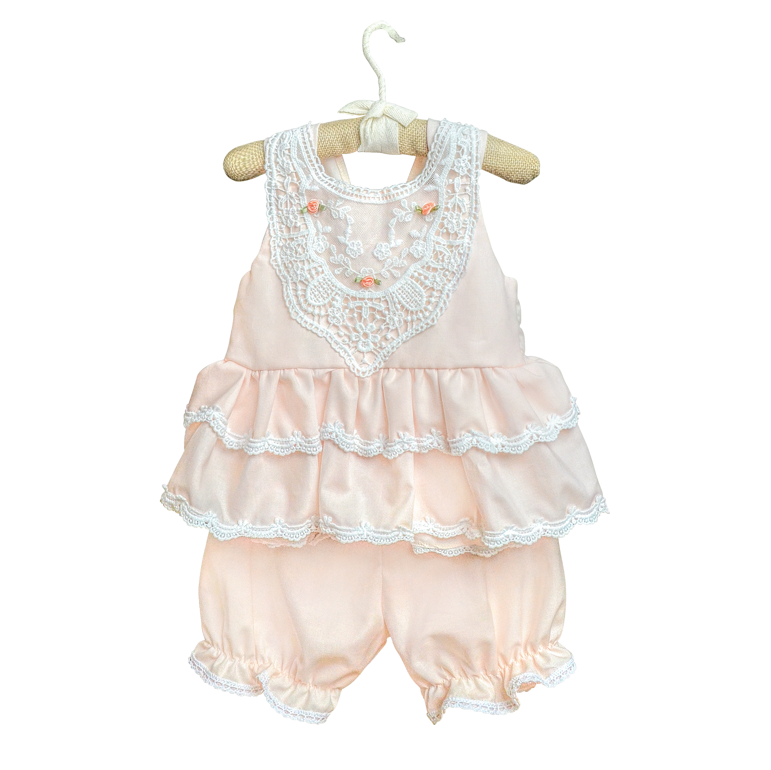 Caroline Bloomer Set featuring pastel peach color and delicate rose designs, perfect for young girls.