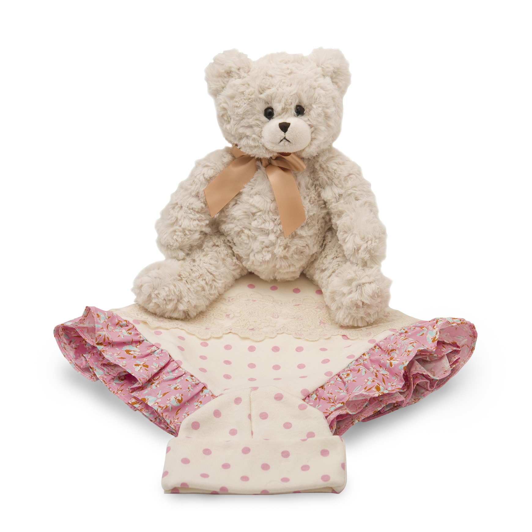 Daisy Bloom Blanket Gift Set featuring a soft blanket, matching cap, and a plush toy for newborns, all in a beautiful floral design.