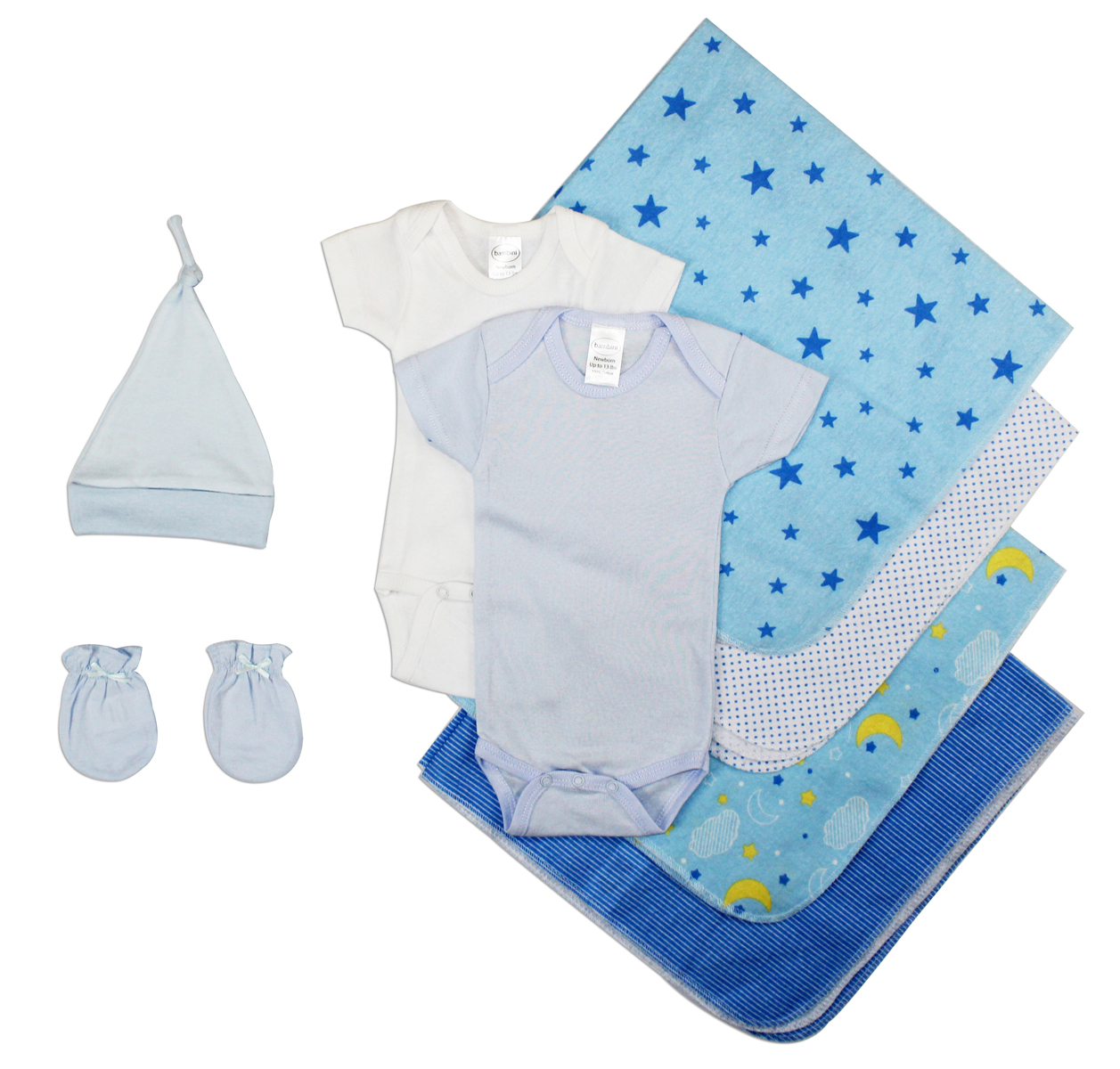 Essential Newborn Baby Boy 8 Piece Layette Set featuring soft cotton bodysuits and convenient design for easy dressing and comfort.