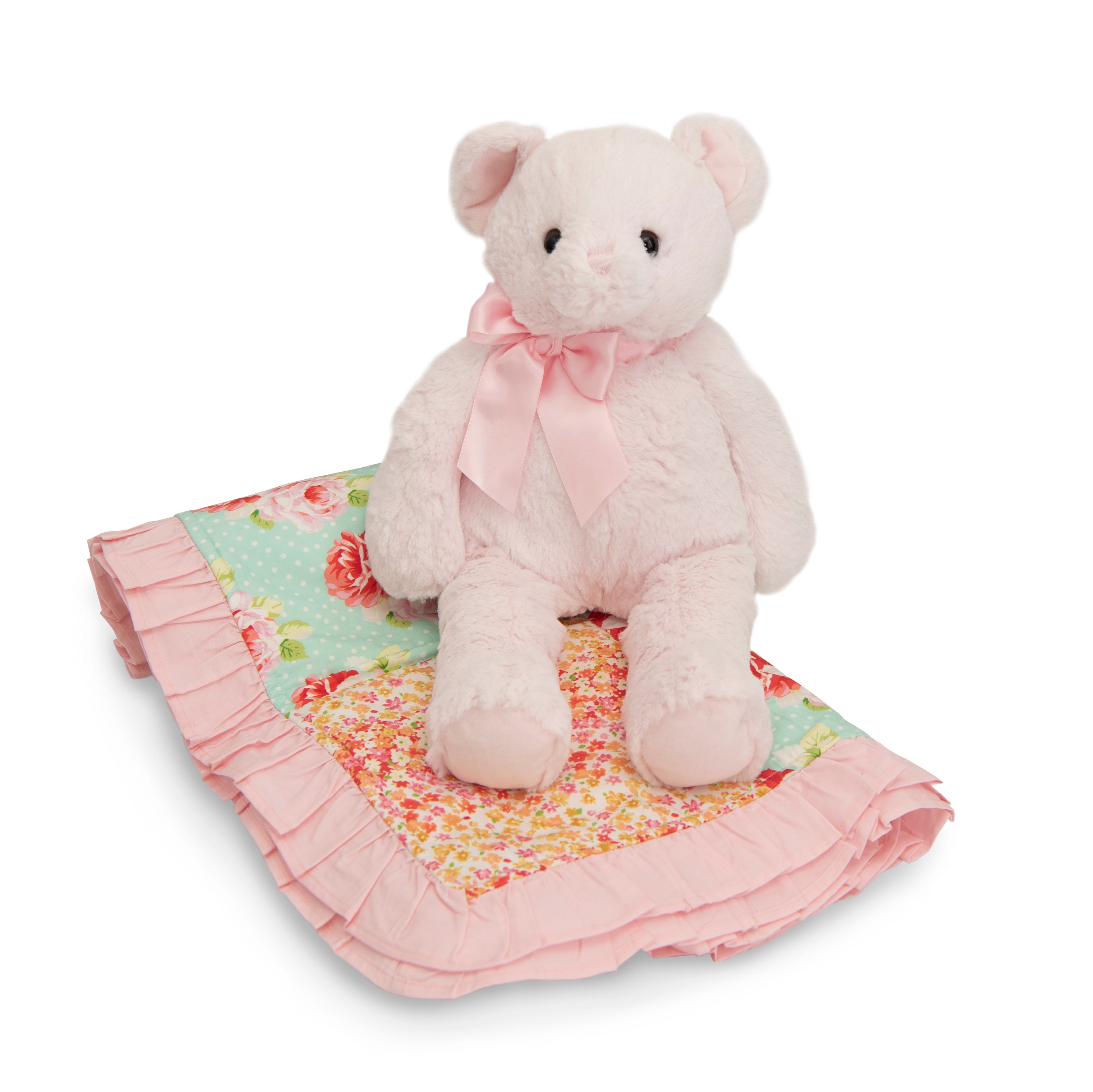 Garden Aisle Quilt Gift Set featuring a floral quilt and a plush bear, perfect for nursery decor.