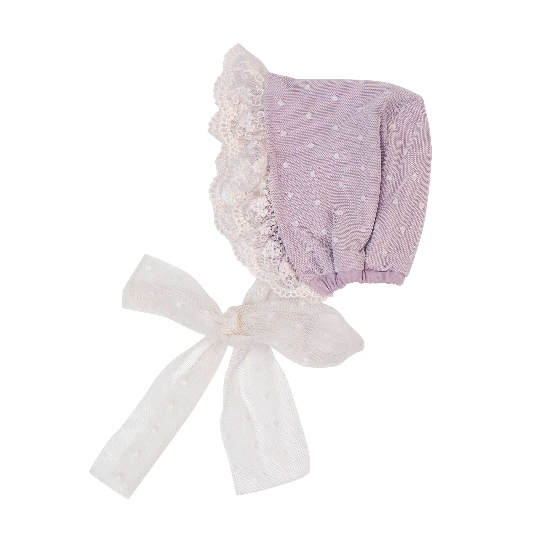 Genevie Bonnet featuring creamy purple hues and classic lace detailing, perfect for infants.