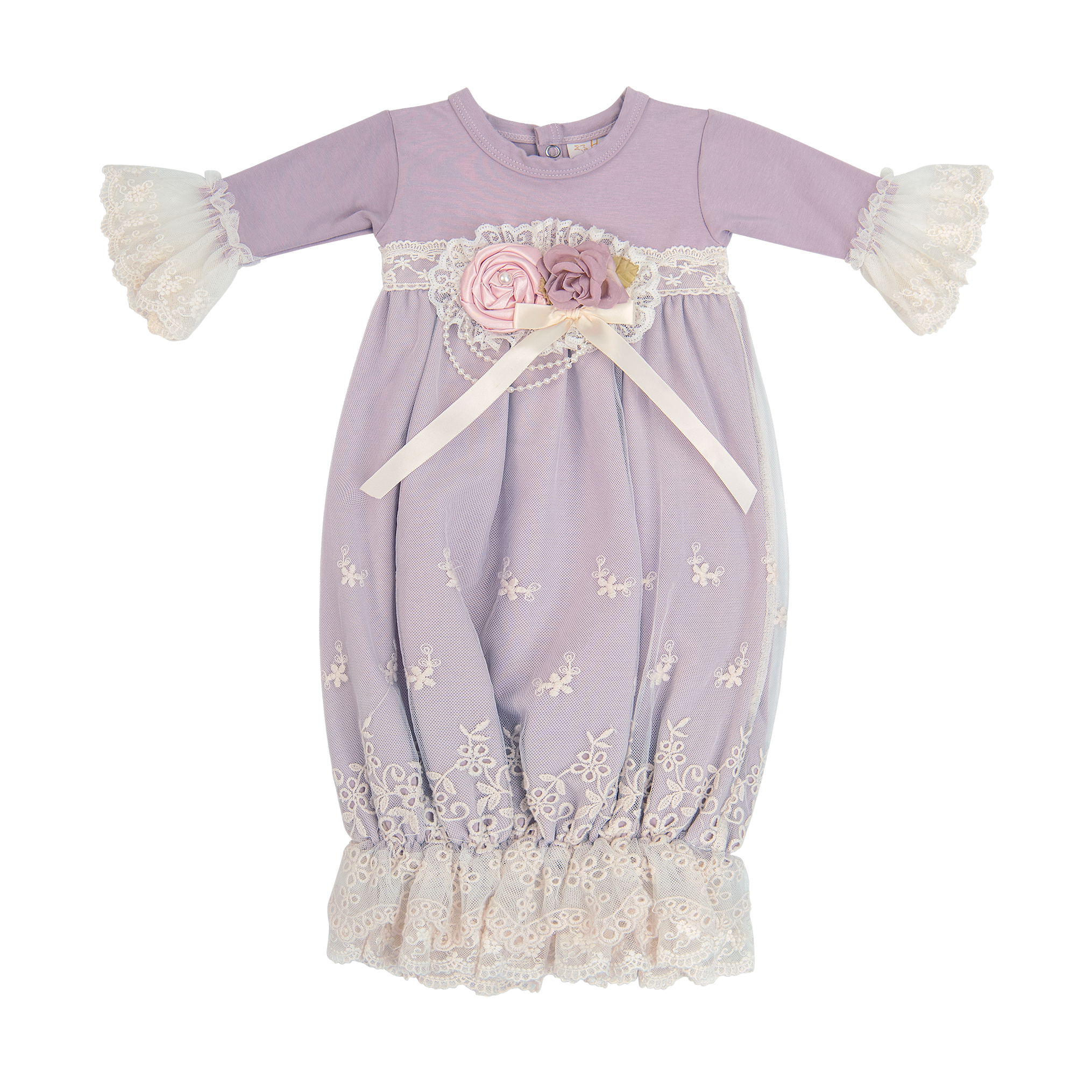 The Genevie Gown featuring creamy purple hues and classic lace detailing, perfect for special occasions.