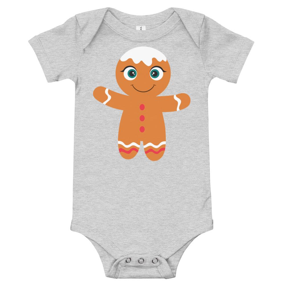 Gingerbread Kritter Christmas Baby Bodysuit in soft cotton with festive design, featuring an envelope neckline and snap closures.