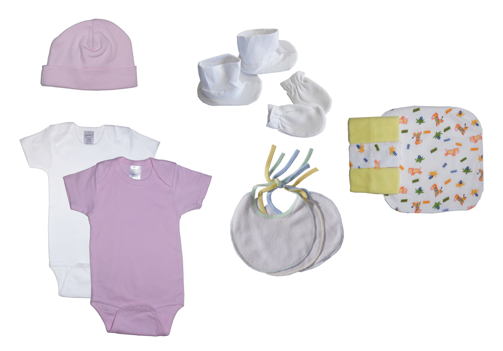 16 Piece Baby Starter Set Box containing essential newborn items including a bassinet, mattress, clothing, and safety brochures.