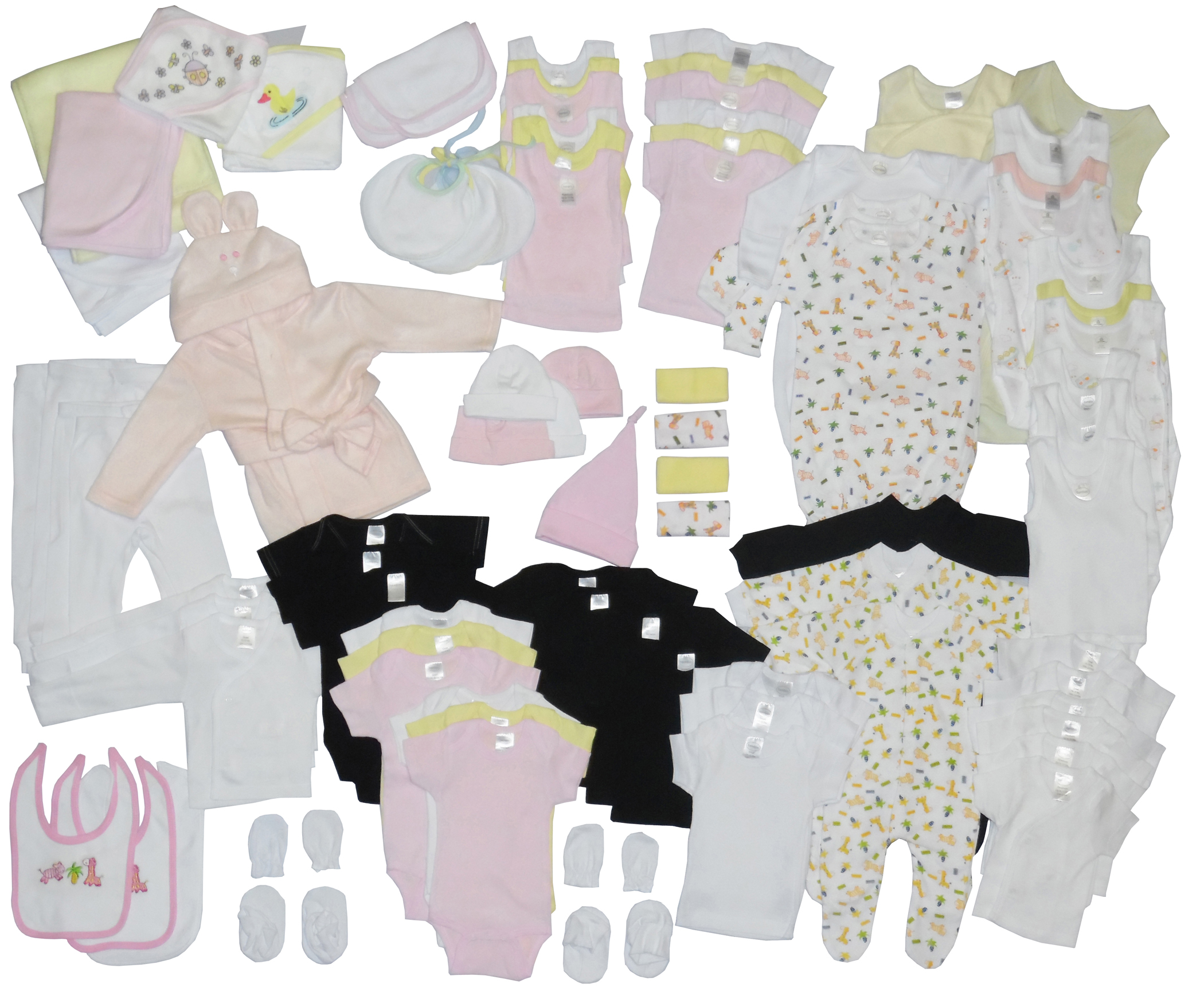 Girl 88 Piece Baby Starter Set Box featuring various baby essentials including clothing, blankets, and accessories for newborn girls.