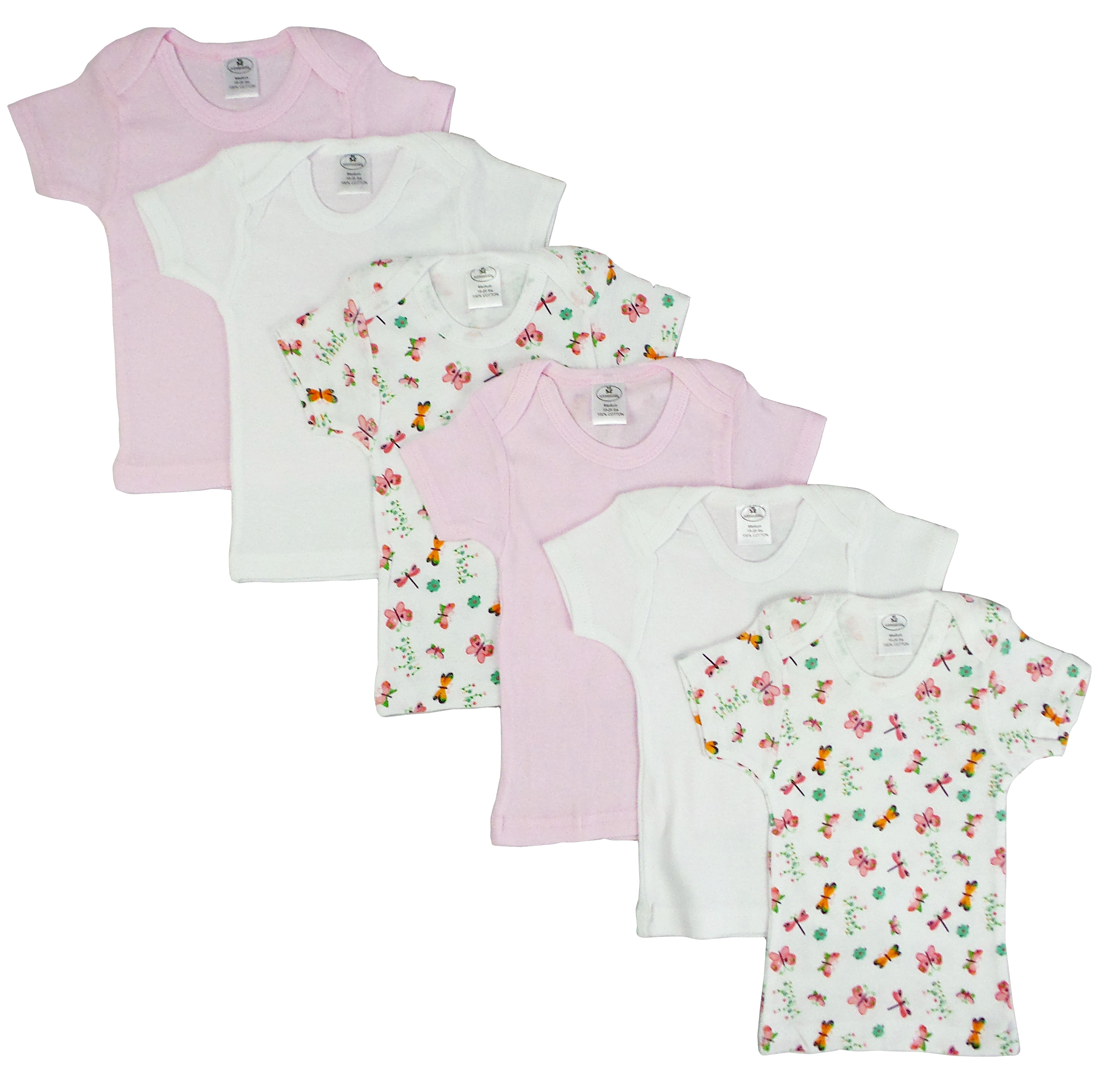 A collection of Girls Pastel Variety Short Sleeve Lap T-shirts in soft pastel colors, showcasing their comfortable rib knit cotton fabric.