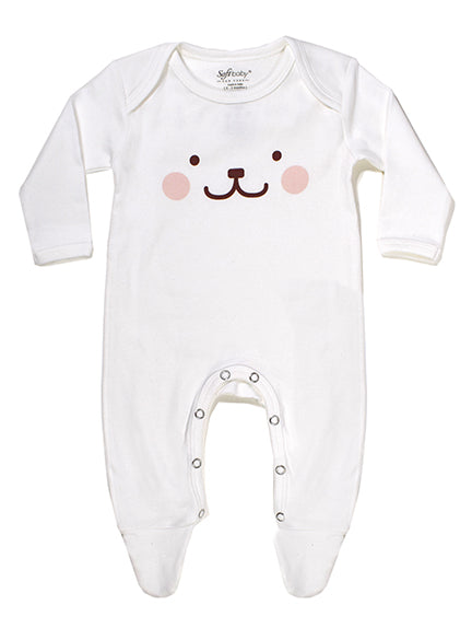 Happy Bear Footed Onesie made from 100% organic cotton, featuring long sleeves, lap neck, and leg snap closures in soft colors.