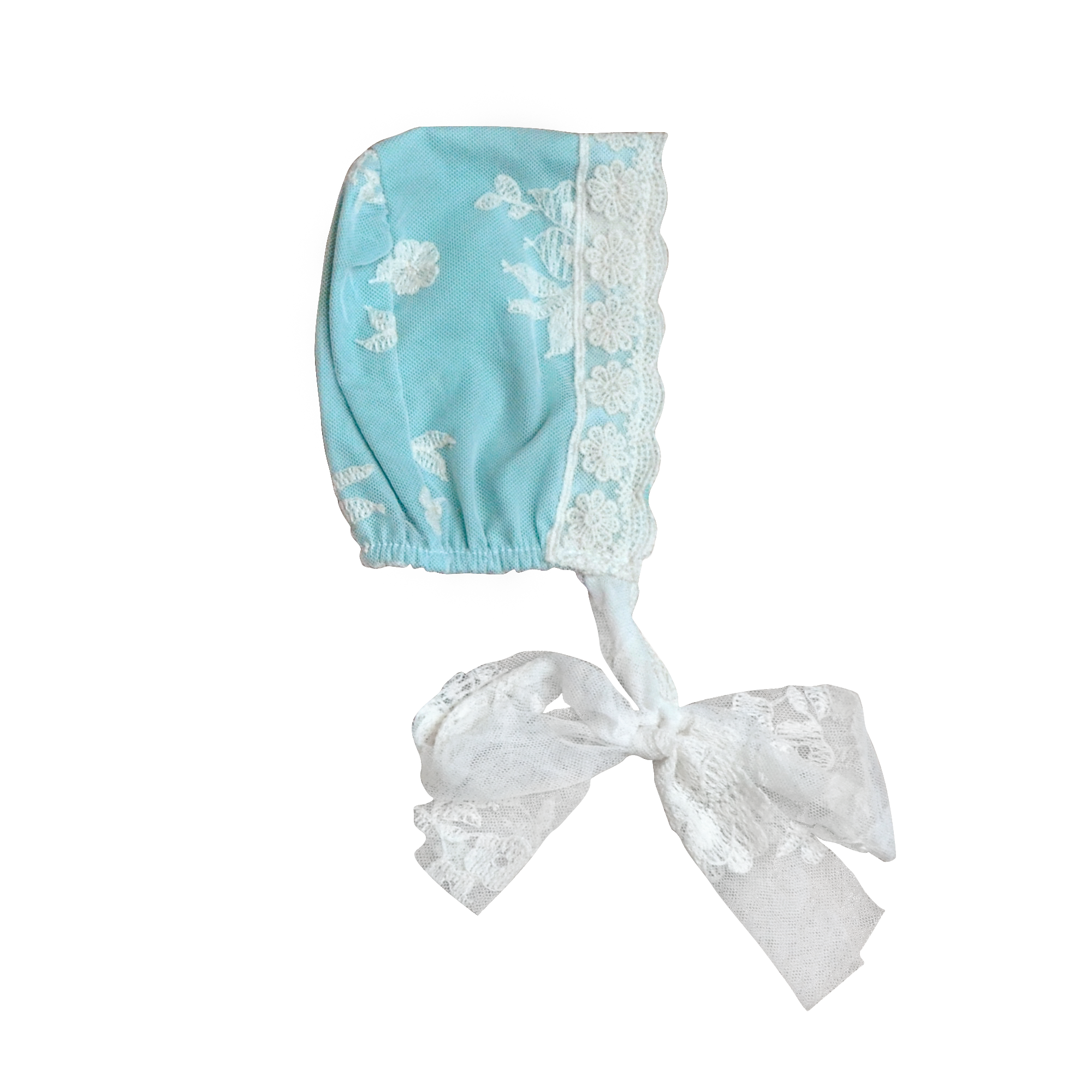 Turquoise Harper Bonnet with ruffles and lace, perfect for babies.