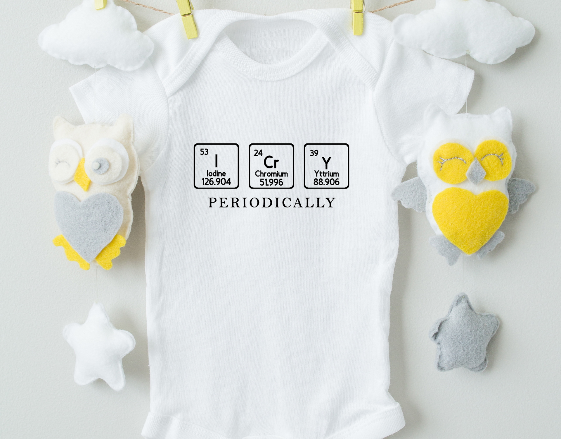 I Cry Periodically Bodysuit featuring a unique heat transfer vinyl design on a soft 100% cotton fabric, perfect for babies.