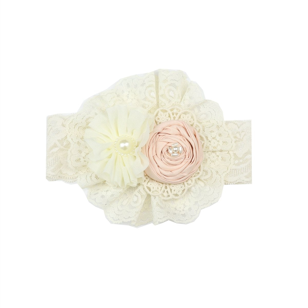 Juliet Matching Headband featuring classic off-white lace and rosettes, perfect for elegant occasions.